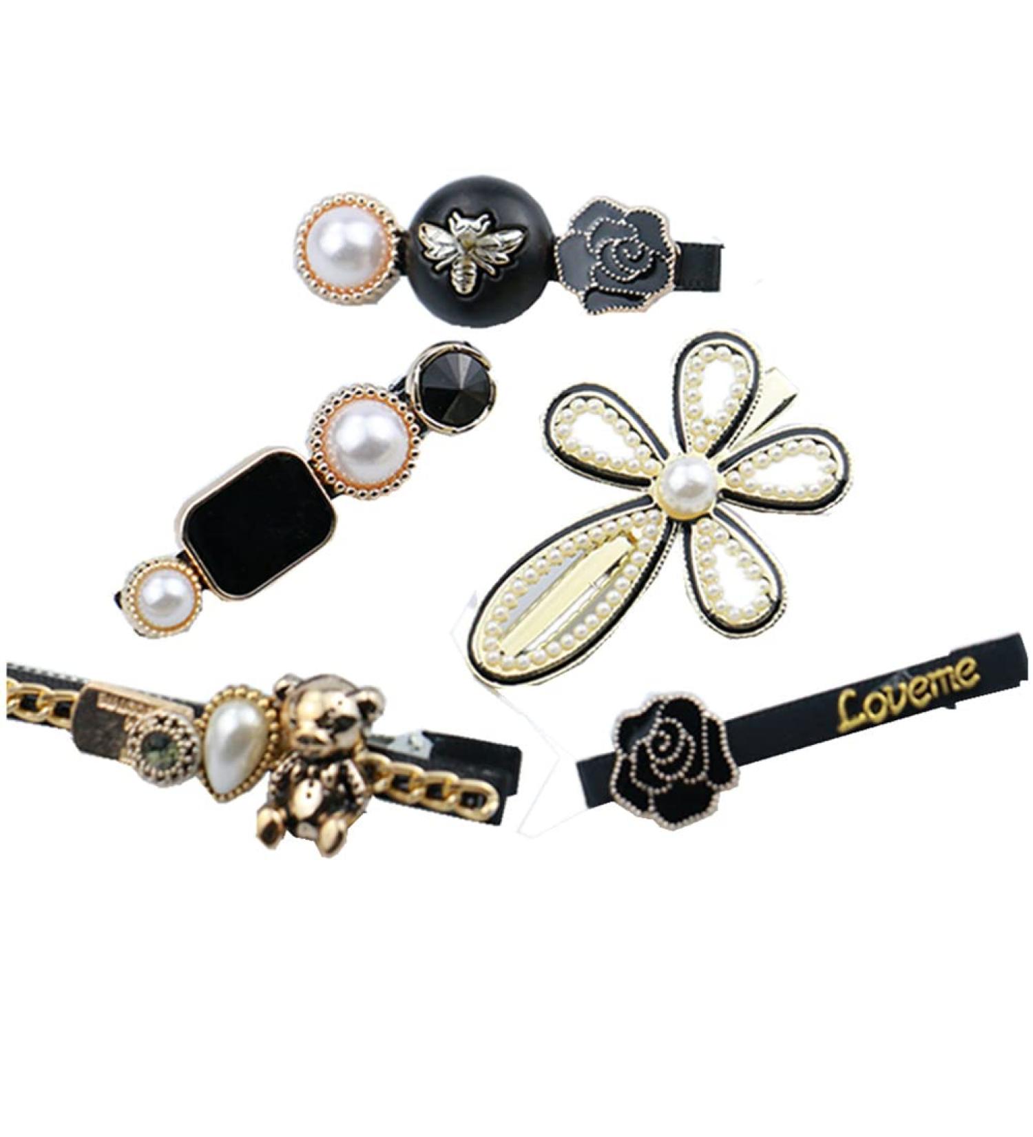 5pcs Vintage French Bear Bee Camellia Design Women Hair Clip Bangs Side Girls Hair Clips Accessories (A)