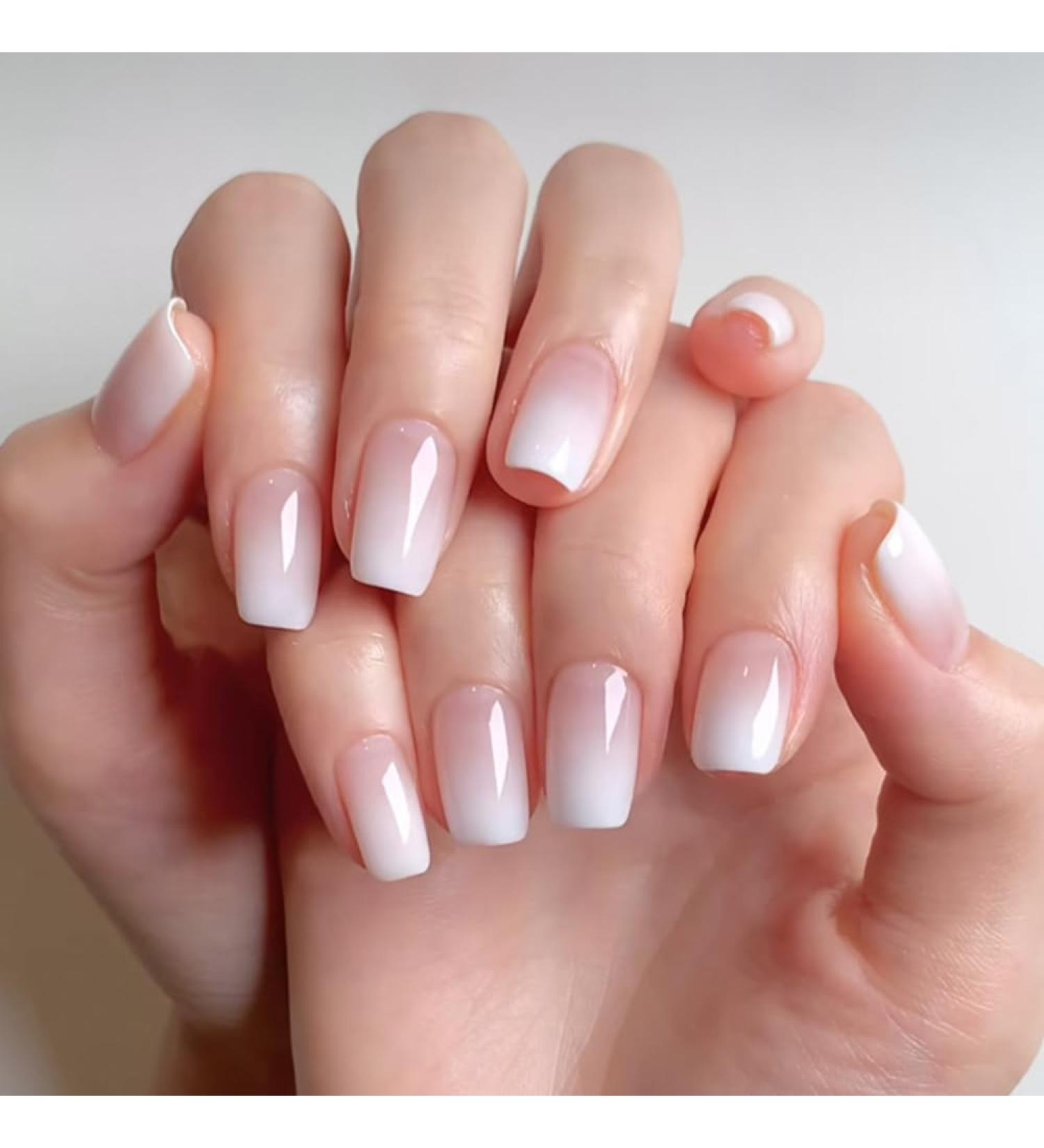 Premium Pink Gradient French Press On Nails - Reusable Short White Tip Fake Nails Kit (24 PS) | Nail Art Gift for Women with Adhesive Tabs & Double-Sided File - Buy Online on GoSupps.com