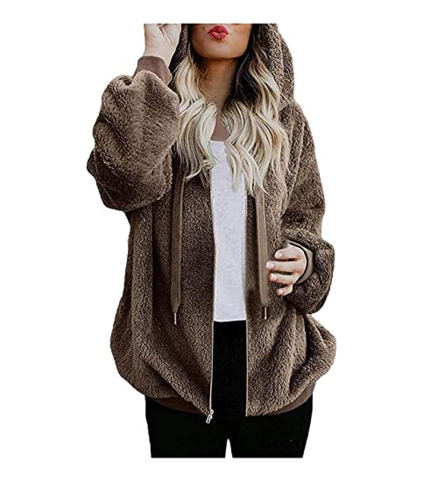 Warm Plush Hooded Winter Coat for Women | Zip Up Drawstring Jacket in Brown | Plus Size 5X-Large - Buy Online on GoSupps.com