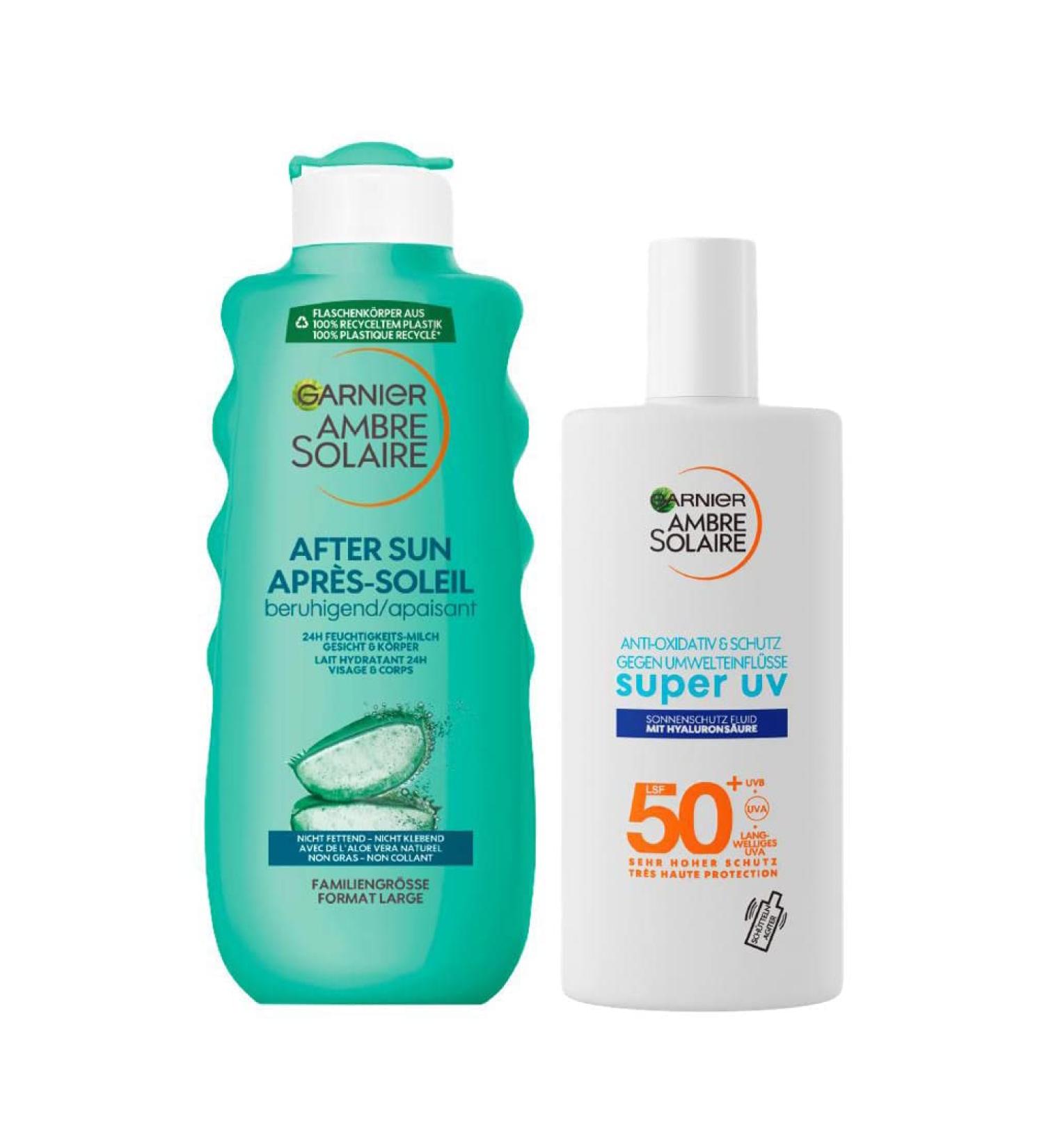 Garnier Sun Care Set | Super UV Protection Fluid LSF 50+ & After Sun Lotion | Ambre Solaire Cooling Body Milk - High Sun Protection - Buy Online on GoSupps.com