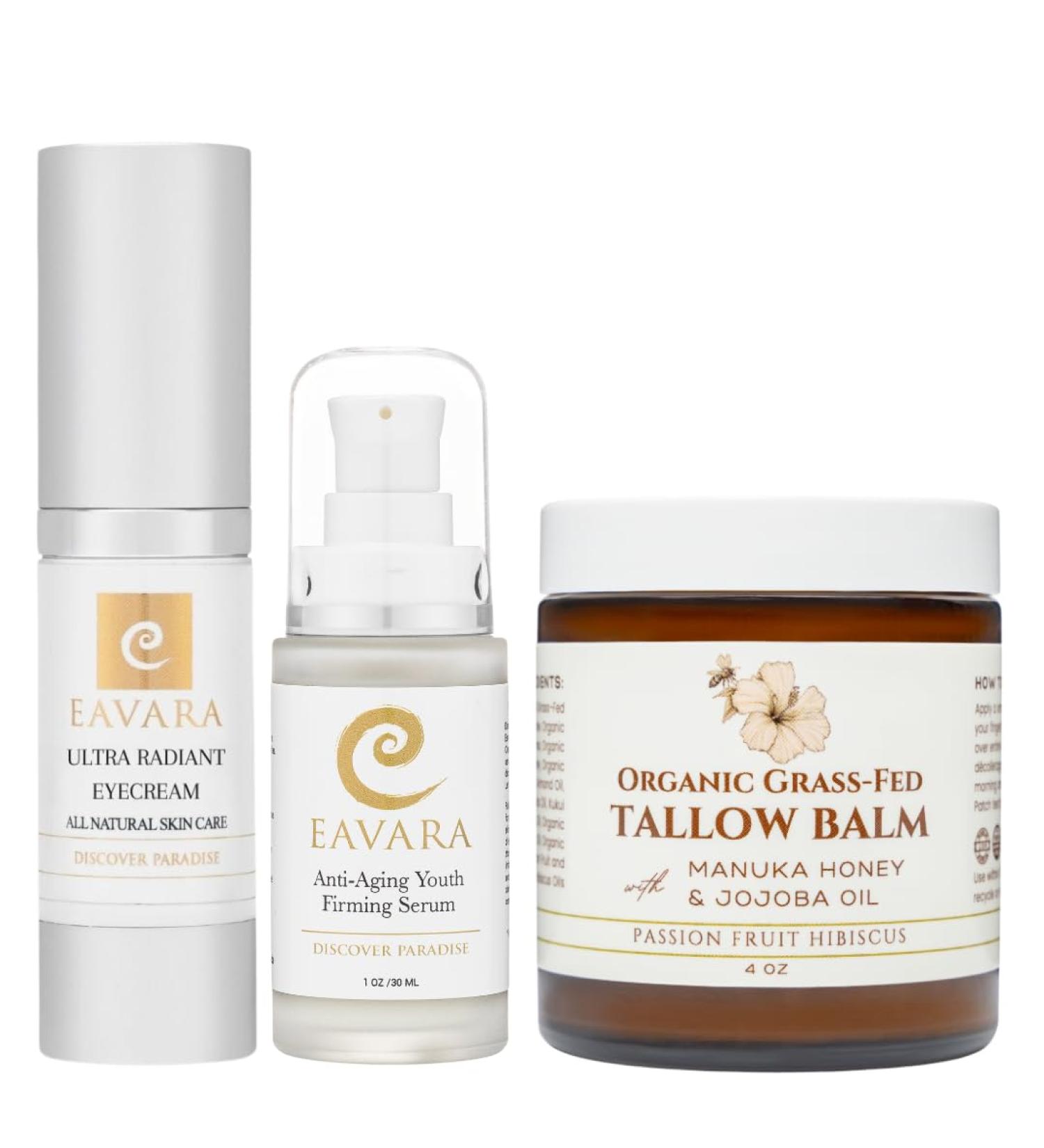 Eavara Eye Cream Facial Serum Tallow & Honey Balm Set Organic Skincare Trio with Grass-Fed Tallow Hyaluronic Acid Vitamin C & Manuka Honey Brightens & Deeply Moisturizes Sensitive Skin - Buy Online on GoSupps.com