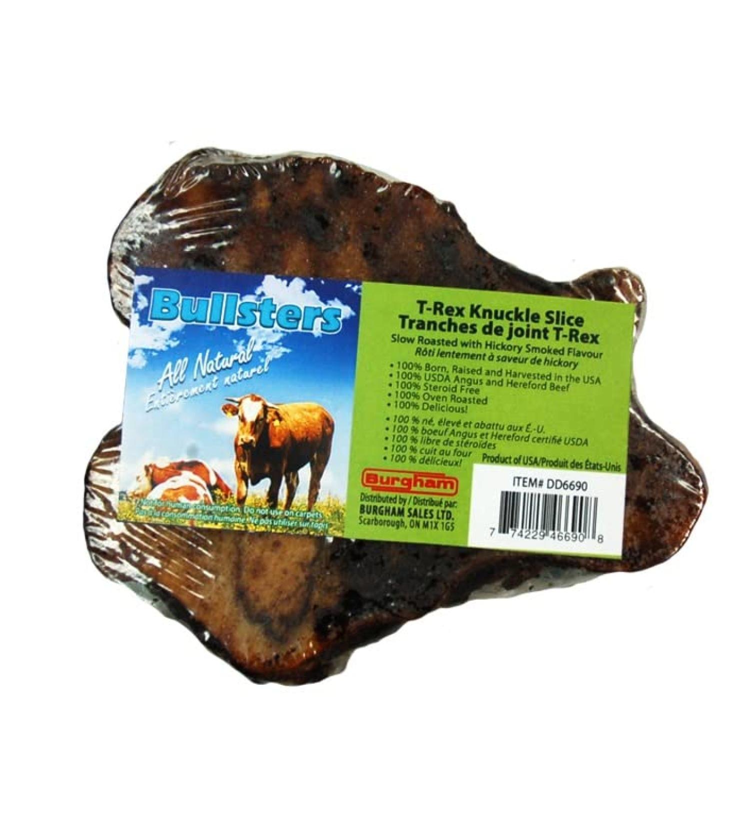 Bullsters Dog Treats Bones Chews Long Lasting for Aggressive Chewers All Natural Hickory Smoked Beef Dog Bones 1 Ingredient with No Additives No preservatives Steroid Free Oven Roasted and Delicious for Medium Large Extra Large XL Dogs T-Rex Knuckle SLICE