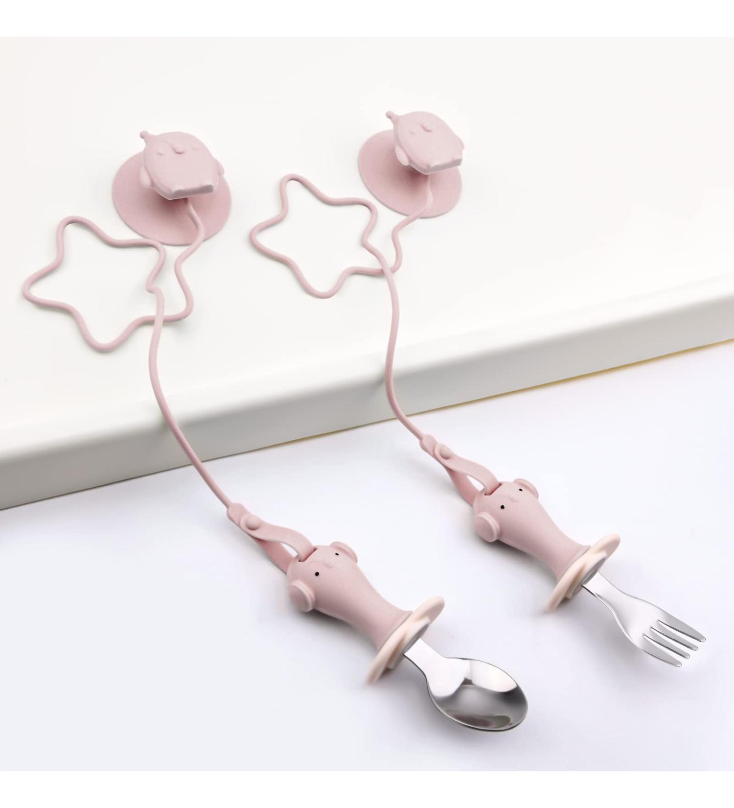 Vicloon Baby Fork and Spoon Set - BPA Free Soft Silicone & Stainless Steel Baby Feeding Utensils - Learning Spoon for Toddlers & Children - Pink - Buy Online on GoSupps.com