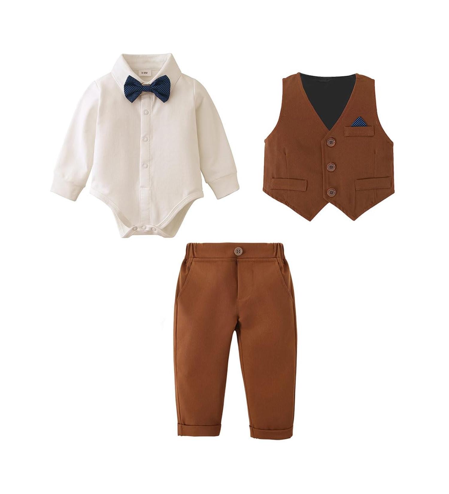 Amissz Baby Boy Formal Tuxedo Clothing Set | Gentleman Outfit (6-9 Months, Brown) - Buy Online on GoSupps.com