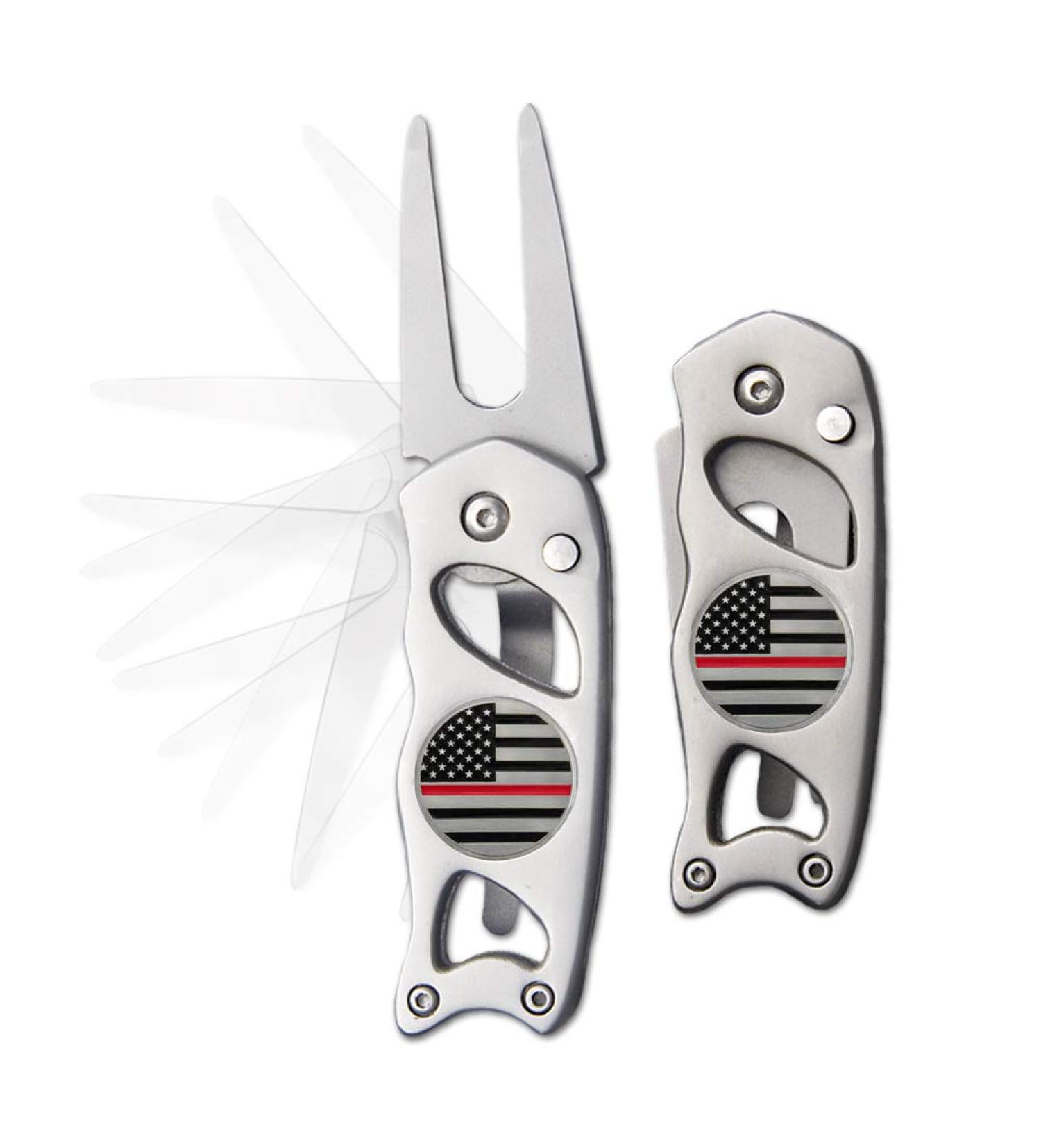 Indiana Metal Craft Thin Red Line Switchblade Golf Divot Repair Tool Stainless Steel with 2 Removable Ball Markers