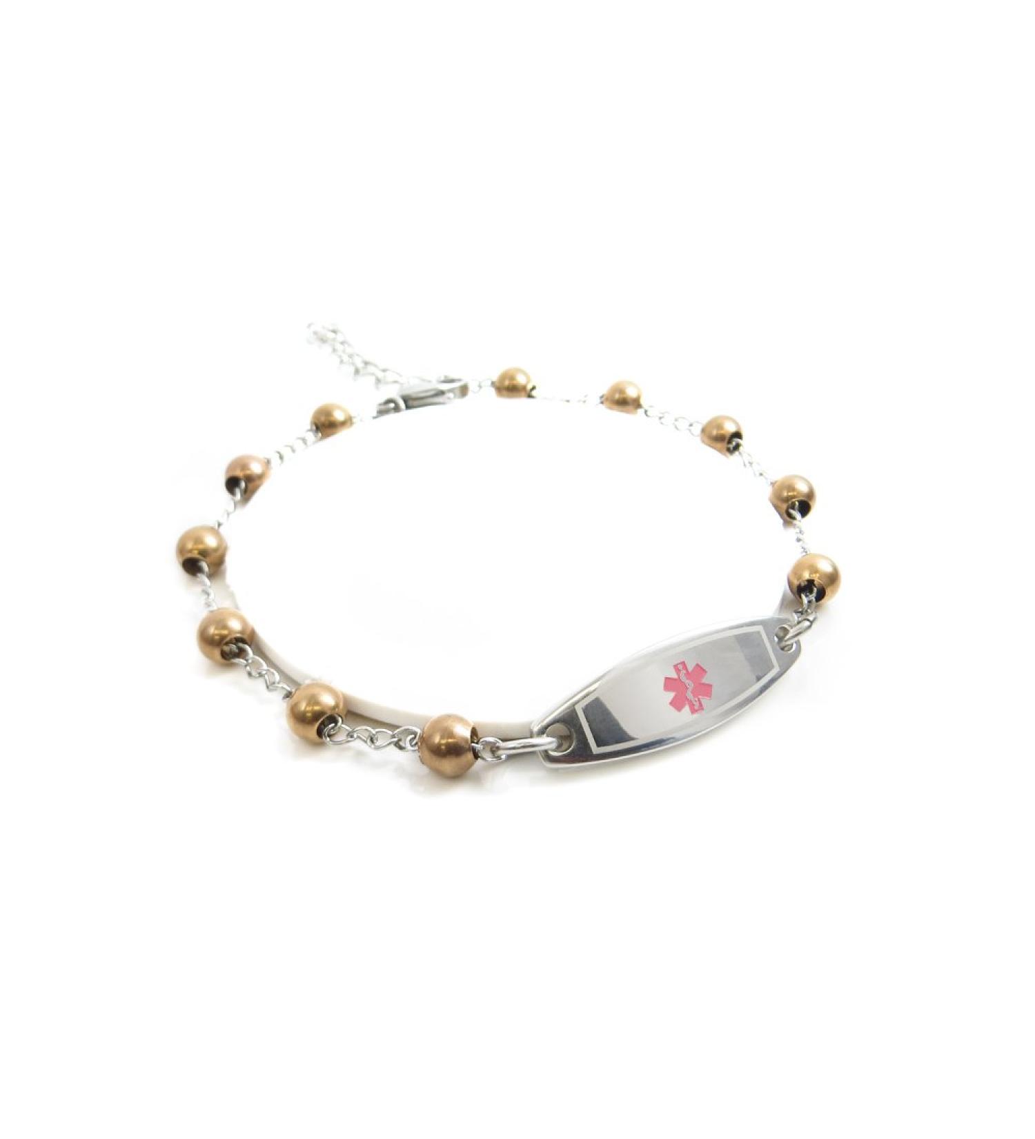 Customized Women's Diabetes Type II Medical Bracelet - Pre-Engraved Mini Steel Beads & Wallet Card - Pink - Buy Online on GoSupps.com
