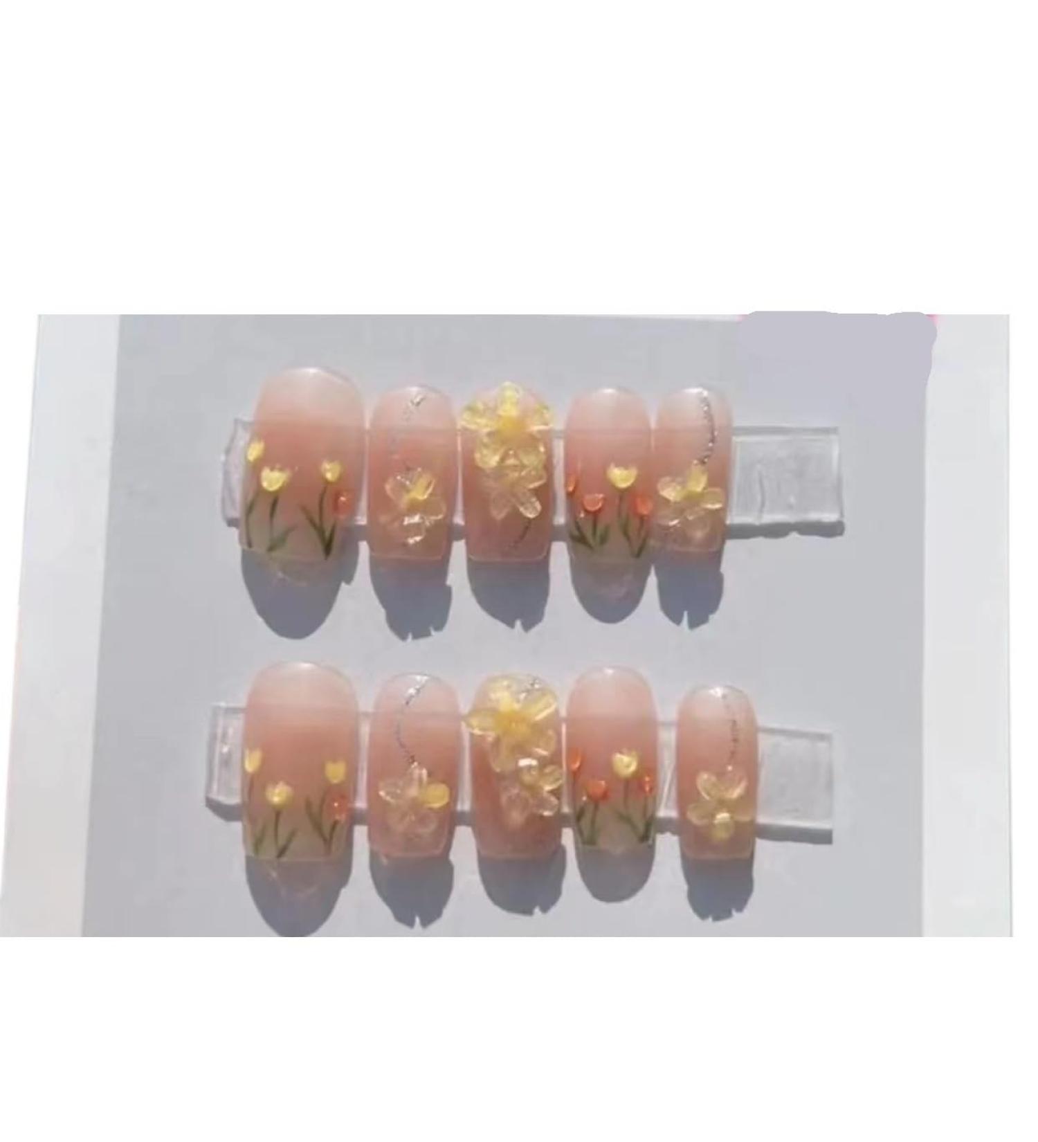 Summer hand-painted tulip nail patches for beautiful wearing and refreshing mid to long nails(Square M)