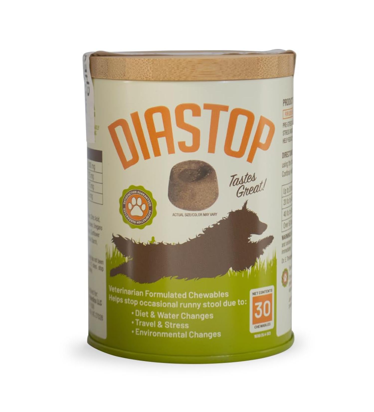 DIASTOP Dr. E.'s Dog Diarrhea Relief Natural Anti-Diarrheal for Dogs & Puppies Fast-Acting Soothes Upset Stomach Firms Loose Stool Bacon Flavor Safe for All Ages