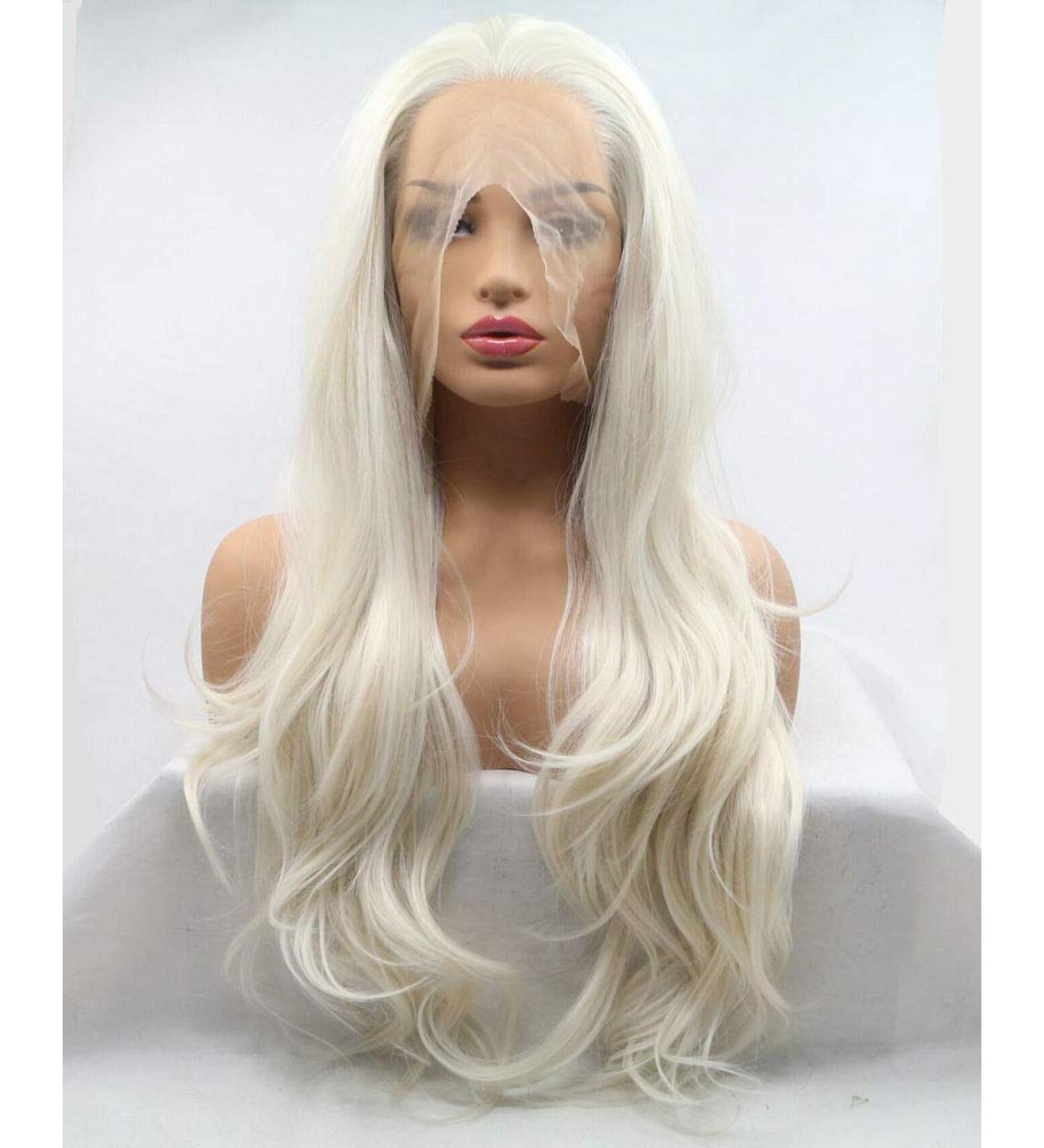 Natural Hairline White Blonde Lace Front Wigs - Body Wave Synthetic Hair for Drag Queens & Cosplay - 26 Pastel Wedding Wigs for Women - Buy Online on GoSupps.com