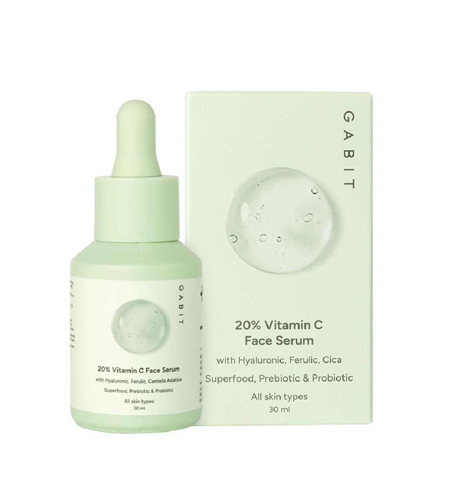 Gabit 20% Vitamin C Face Serum for Glowing Skin | Brightening Serum for Dark Spots Dull Skin Tanned Skin | Improves Wrinkles | Hyaluronic Ferulic CiCa Prebiotic Probiotic | Oil & PEG free |30 ml - Buy Online on GoSupps.com