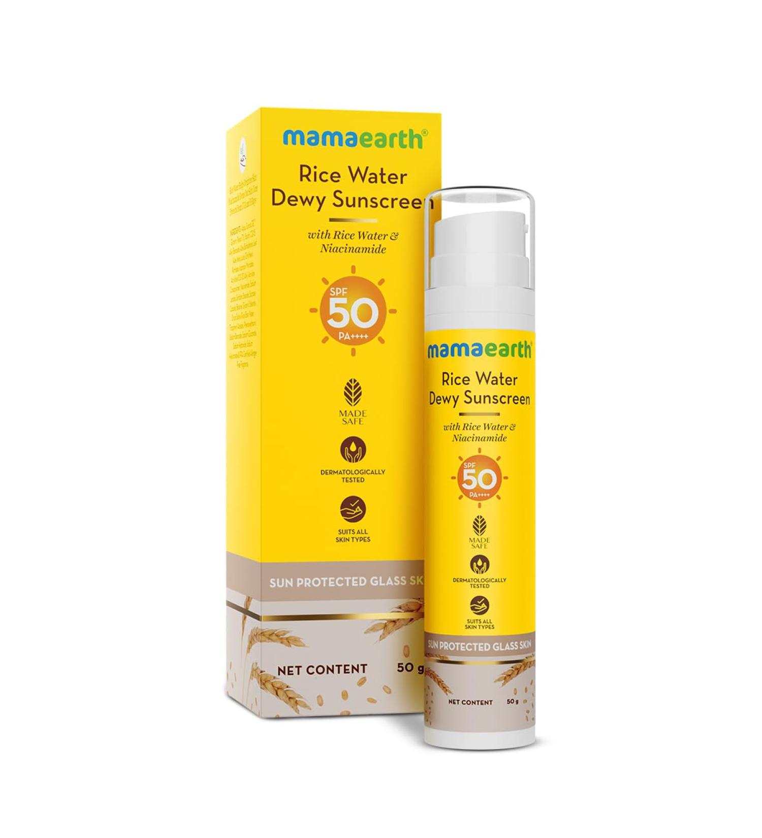 Mamaearth Rice Water Sunscreen SPF 50 PA++++ Lightweight Hydrating Face Sunscreen with Niacinamide & Natural Ingredients UVA/UVB Protection 1.76 Oz (50g) - Buy Online on GoSupps.com