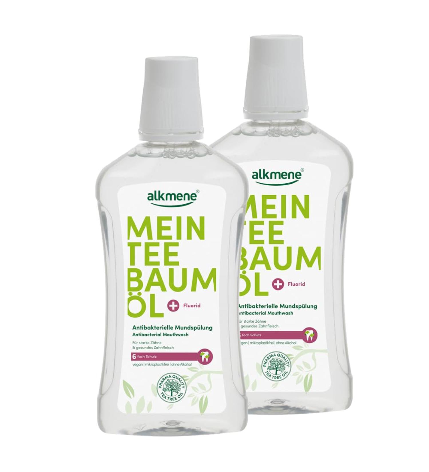 Alkmen Tea Tree Oil Mouthwash - 2x500ml Antibacterial Formula for Strong Teeth & Healthy Gums | Vegan & Climate Neutral | 6-Fold Protection - Buy Online on GoSupps.com