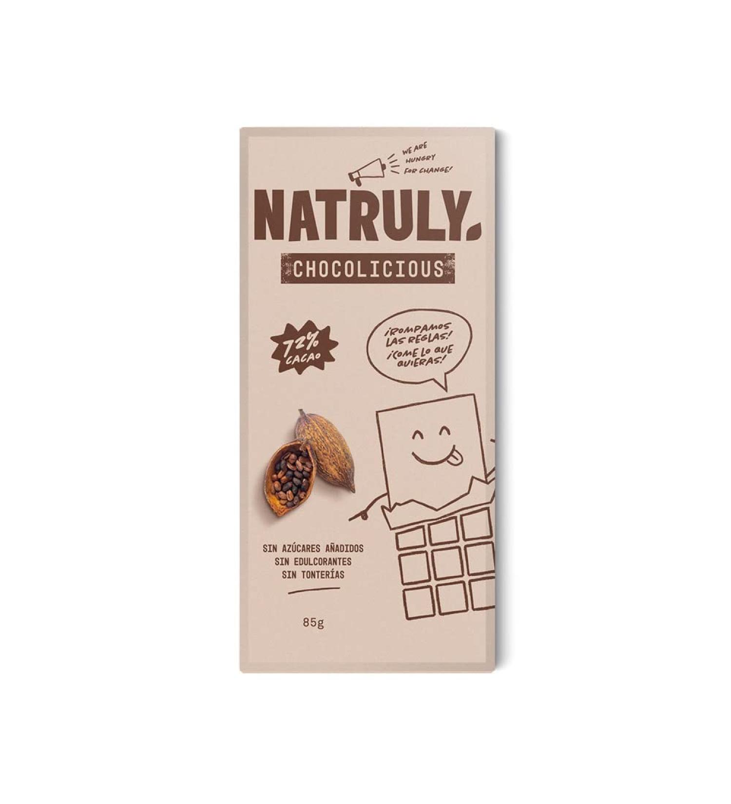 NATRULY Chocolate Bar without Sugar and without Sweeteners. Sweetened with Chicory Fiber - Dark Chocolate Flavor 72% cocoa - 85 g