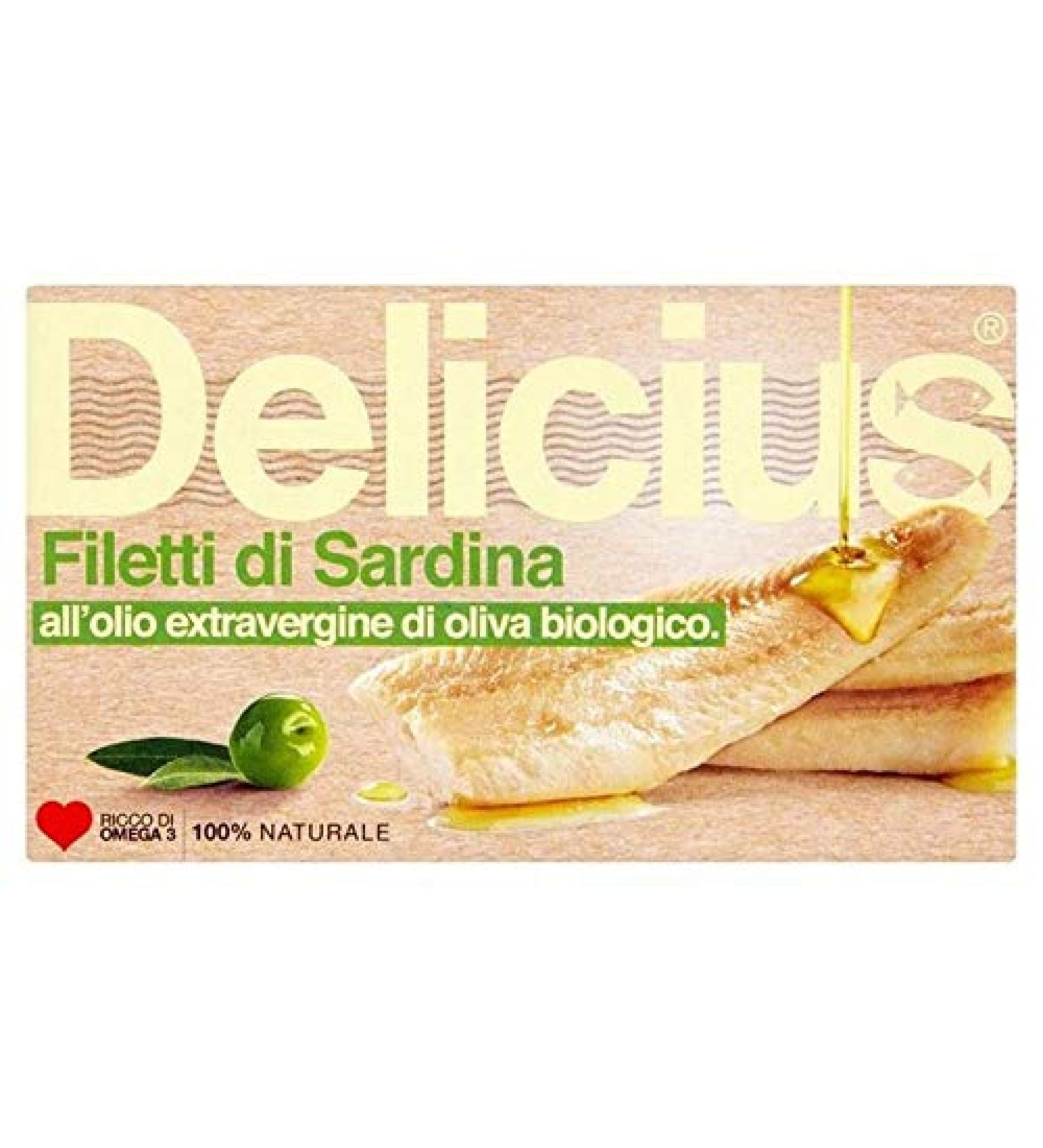 6X Delicius Sardine Fillets in Organic Extra Virgin Olive Oil 90g