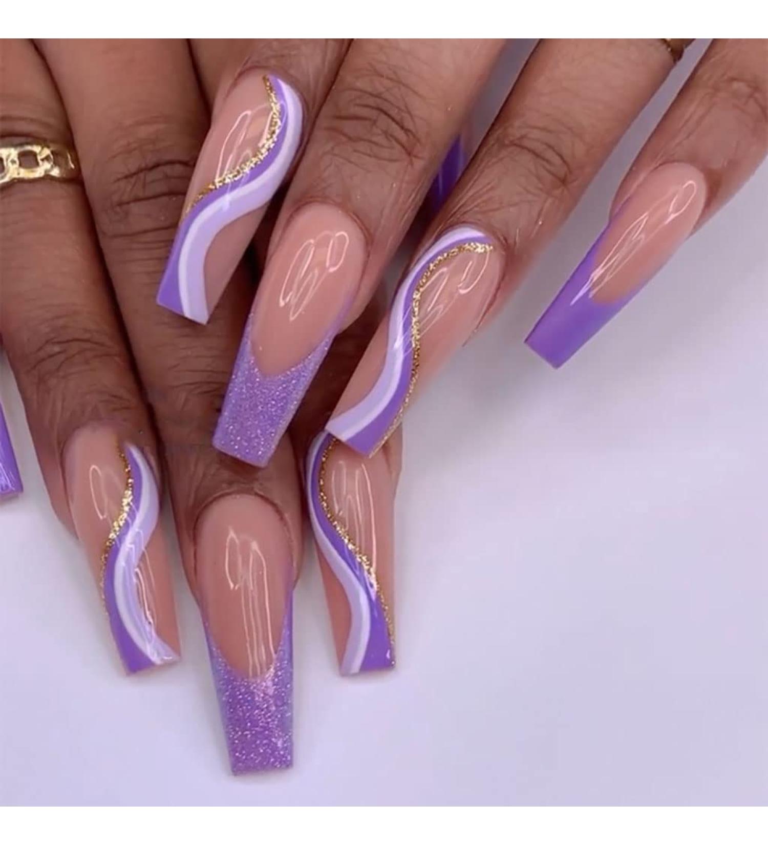 RikView Long Coffin Acrylic French Press on Nails - Bling Purple Nude Fake Nails - Buy Online on GoSupps.com