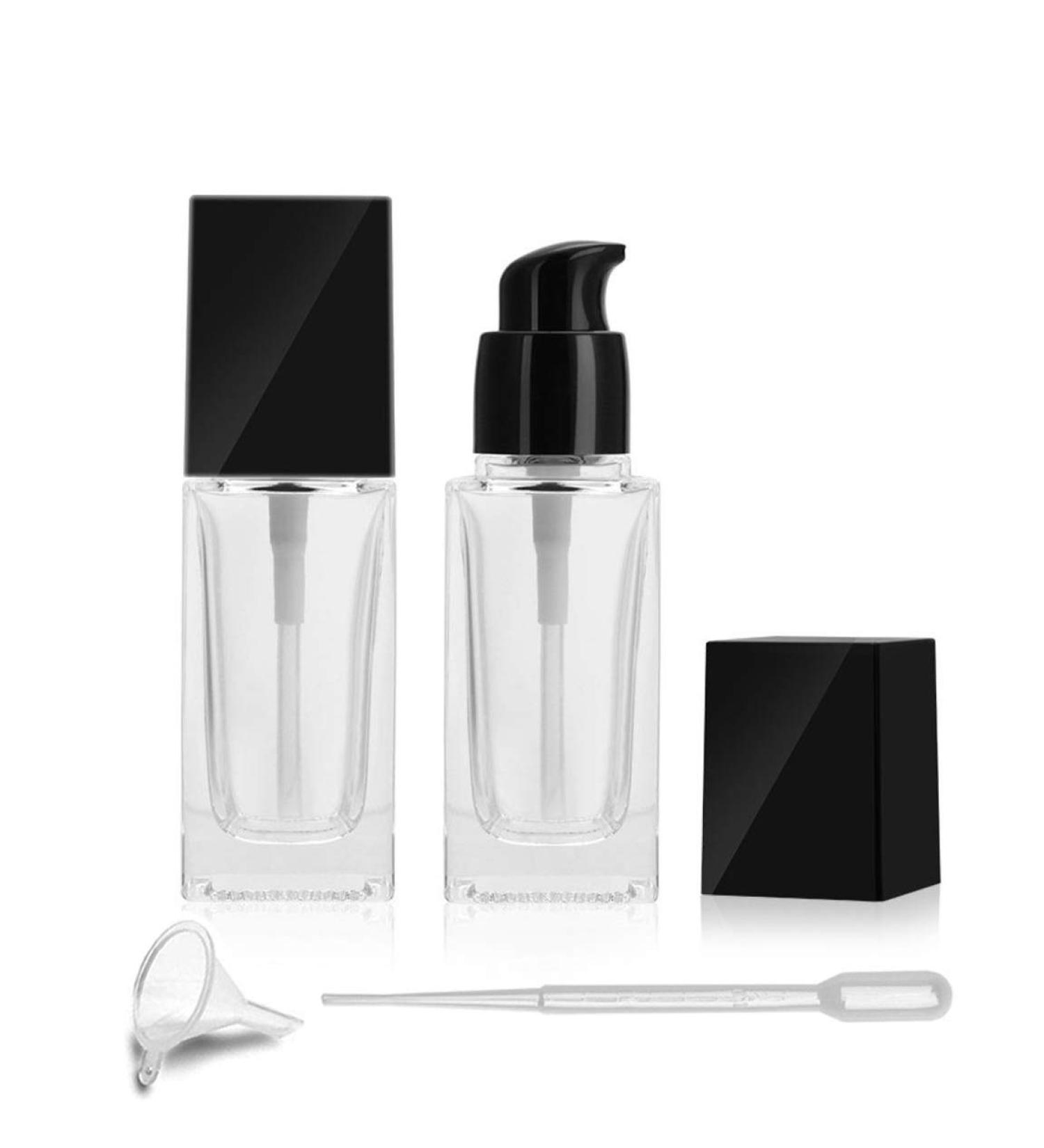 2 Pack Clear Glass Foundation Bottles - Refillable Square Lotion Bottles with Press Pump for Travel | Includes Pipette & Funnel - Buy Online on GoSupps.com