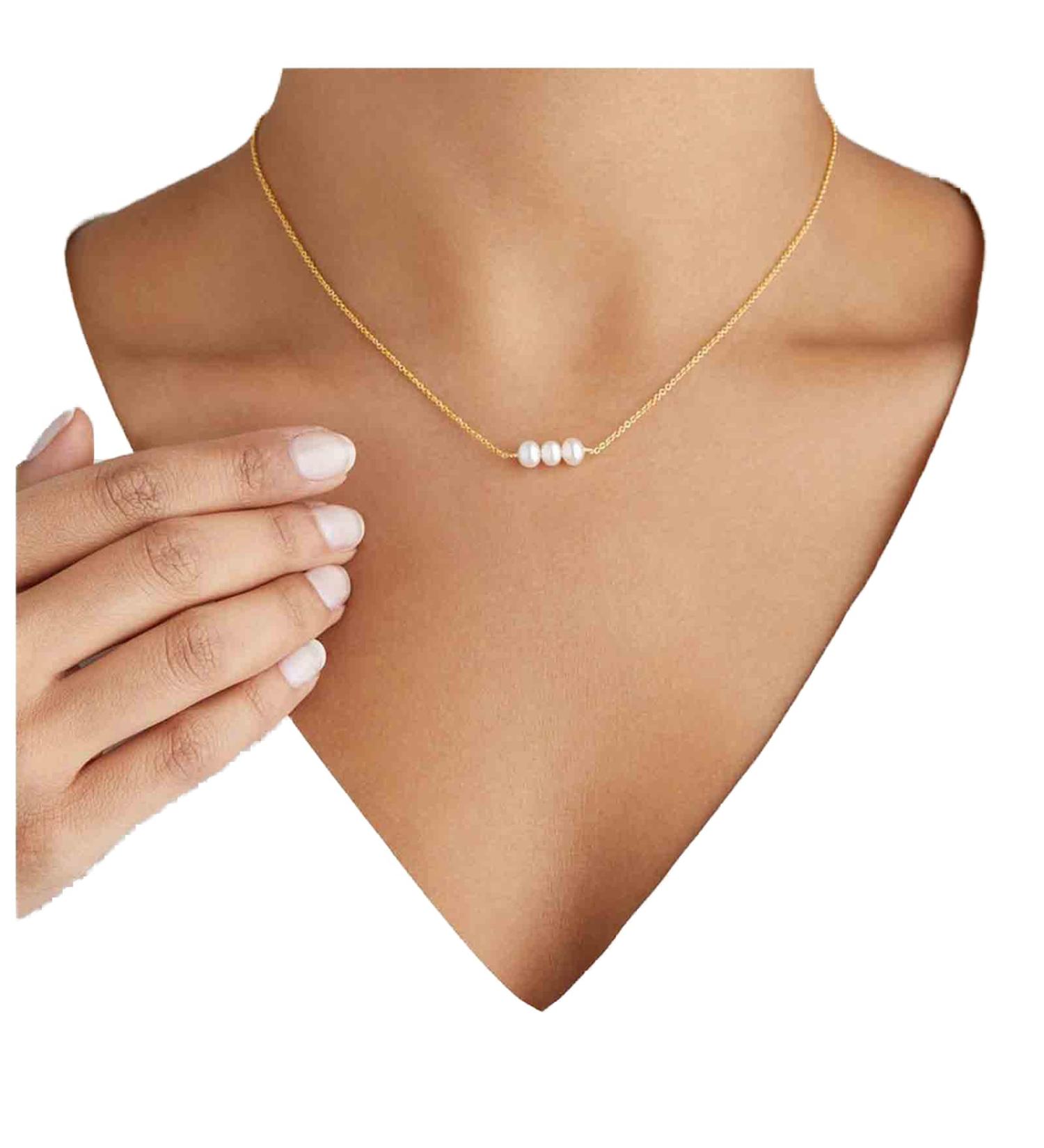 Boho Pearl Choker Necklace | Gold Pearl Pendant & Tiny Floating Pearls | Minimalist Wedding Jewelry for Women & Girls Gifts - Buy Online on GoSupps.com