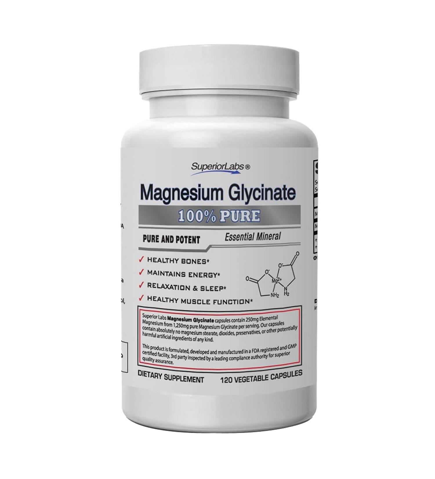 Superior Labs Magnesium Glycinate 1250mg - 120 Veg Capsules - Essential Mineral for Energy, Bone Health, Muscle Function, Relaxation & Sleep - Buy Online on GoSupps.com