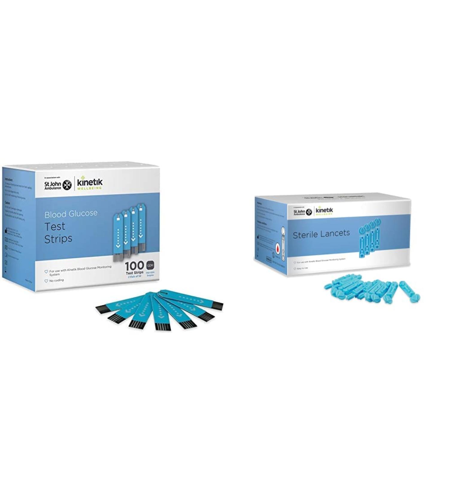 Kinetik Wellbeing Blood Glucose Test Strips (Pack of 100) Used by The NHS & Kinetik Wellbeing Sterile Lancets (Pack of 200) Used by The NHS in Association with St John Ambulance 150 count (Pack of 2) + Sterile Lancets Pack of 200 - Buy Online on GoSupps.com