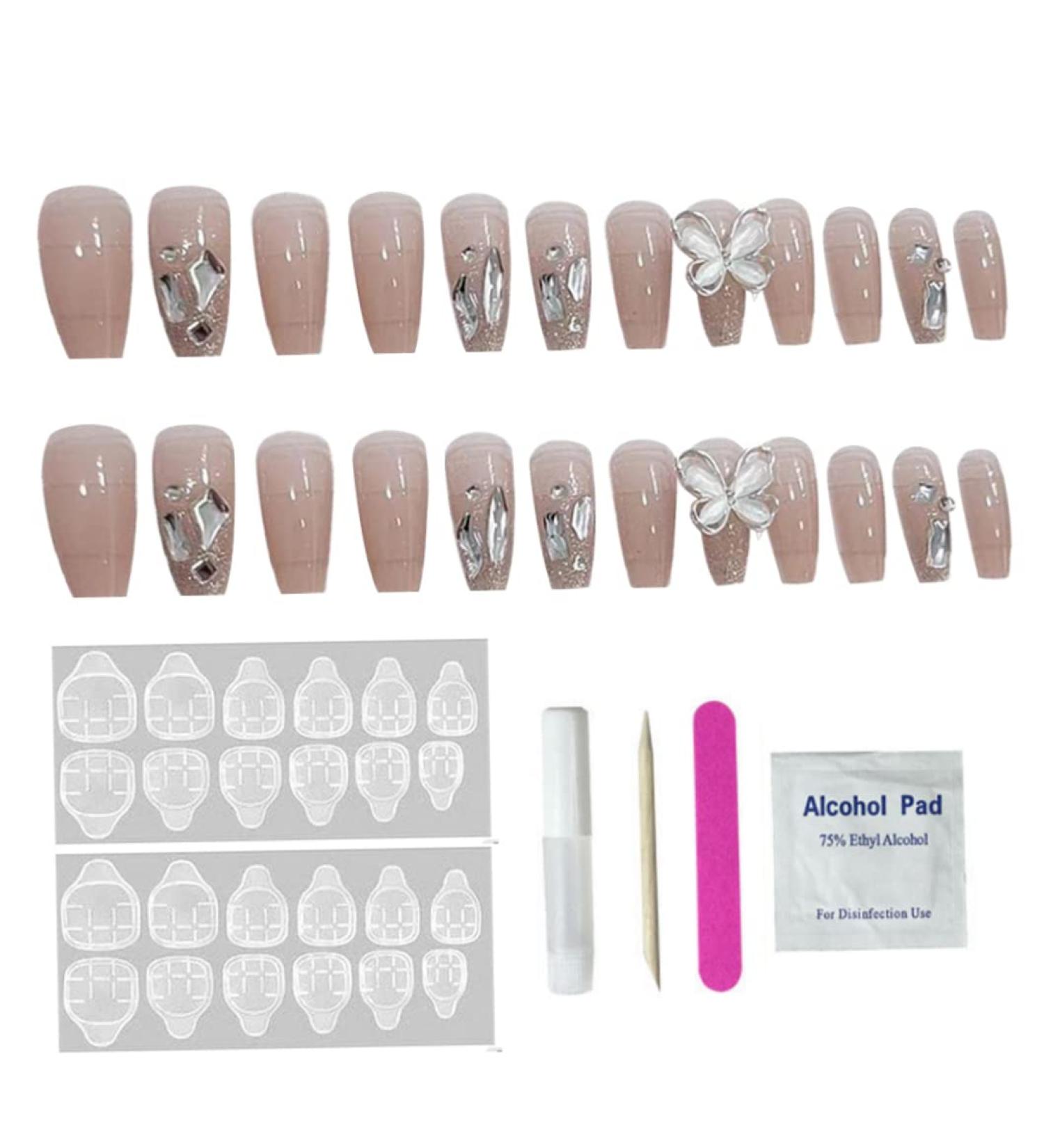 Long Press on Nails French Tip Fake Nails with 3D Butterfly Rhinestones Designs Glossy Full Cover Acrylic Nails for Women styles 1 - Buy Online on GoSupps.com