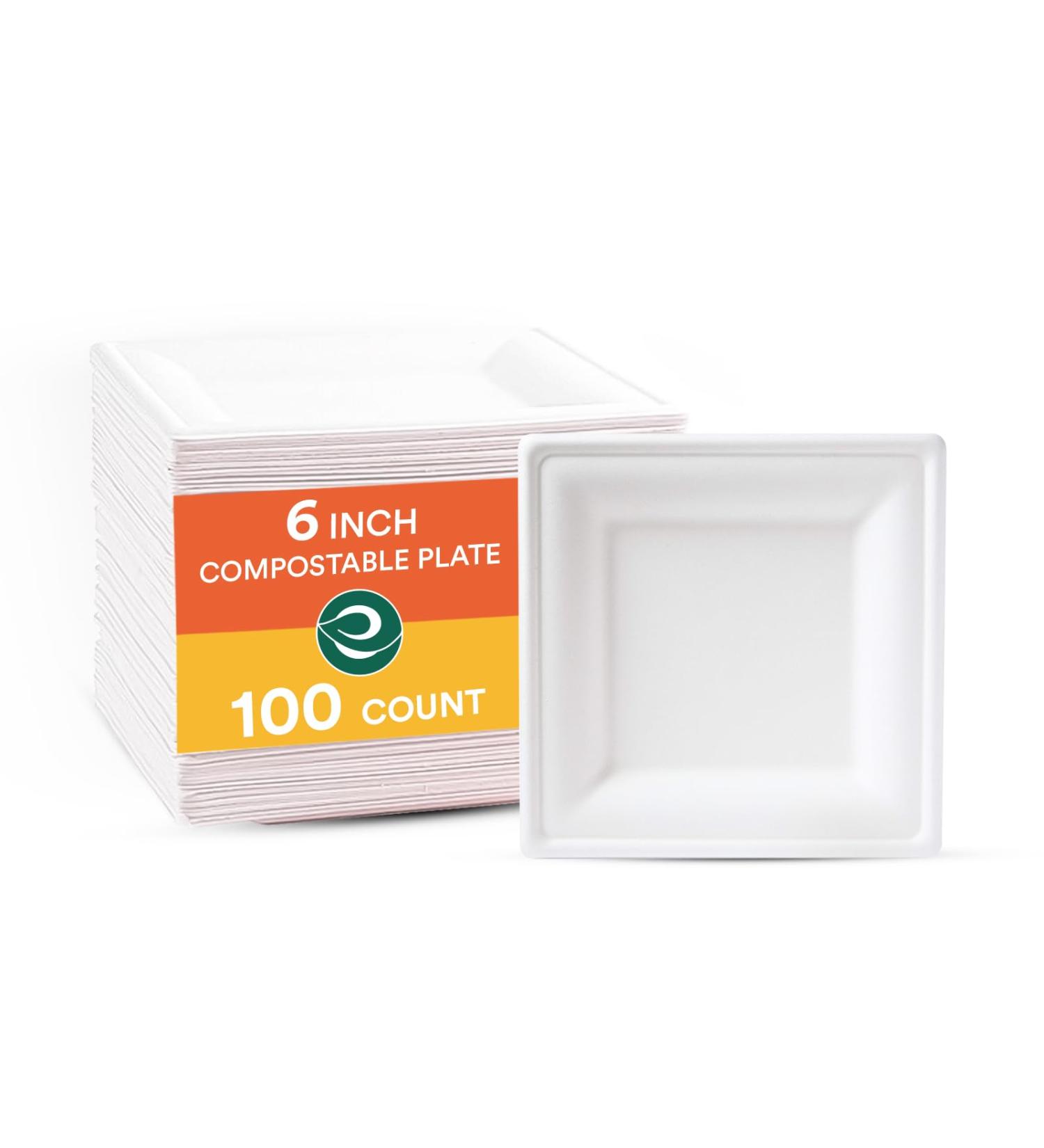 ECO SOUL Pearl White 6 Inch Square 100-Pack Paper Plates (PFAS free) | 100% Compostable Disposable Bagasse I Heavy-Duty Eco-Friendly Dinner Plates I Biodegradable Sugarcane Eco Plates | Microwavable 1 6 inch Square Plates - Buy Online on GoSupps.com