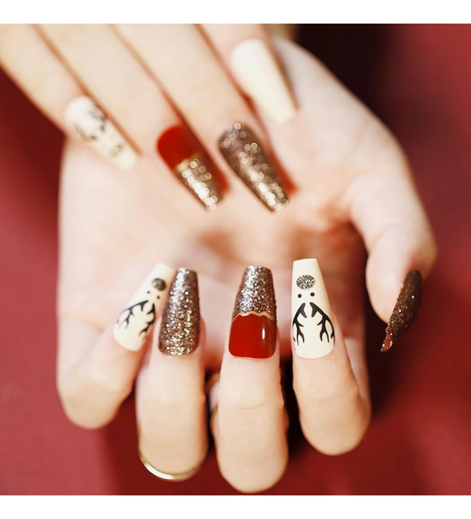Christmas False Nails Snowflake Press on Nails Elk Stick on Nails Red Long Fake Nails Full Cover Nails Tips 24pcs for Women and Girls With solid glue nail lamp (Size : 4) - Buy Online on GoSupps.com
