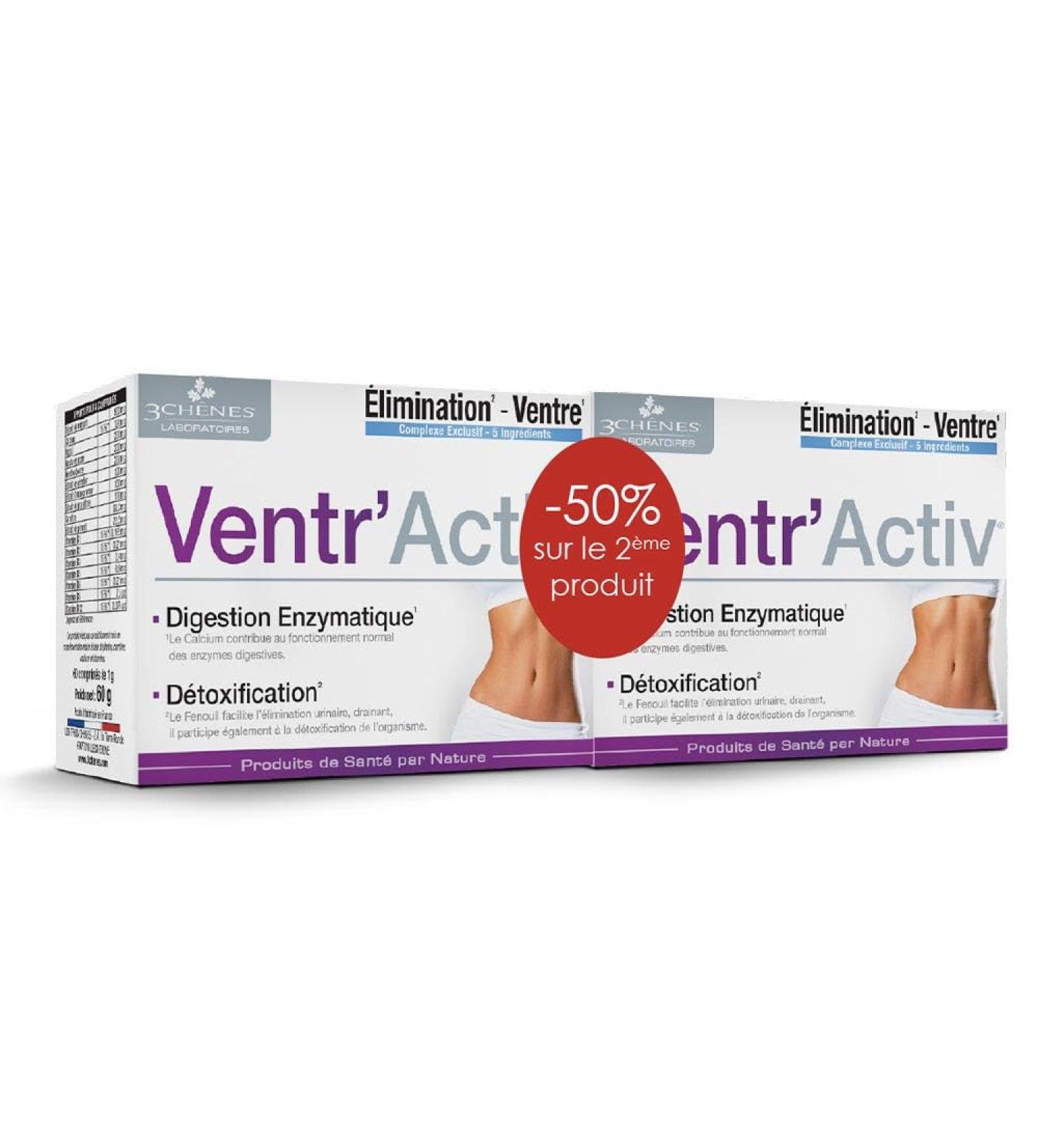VENTR'ACTIV - Slimming Supplement 2-in-1 for a Flat Stomach and Optimal Digestion | Pack of 2 Boxes of 60 Capsules | Draining Action Improved Digestive Comfort | Calcium Fennel | 3 Oaks