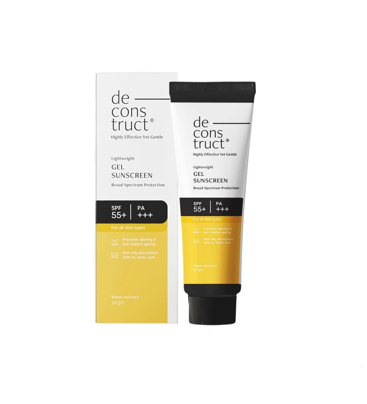 Deconstruct Face Gel Sunscreen SPF 50 + and PA+++ | Gel based sunscreen for oily combination skin normal skin | Broad spectrum sunscreen No White Cast Lightweight Non greasy - 30gm - Buy Online on GoSupps.com
