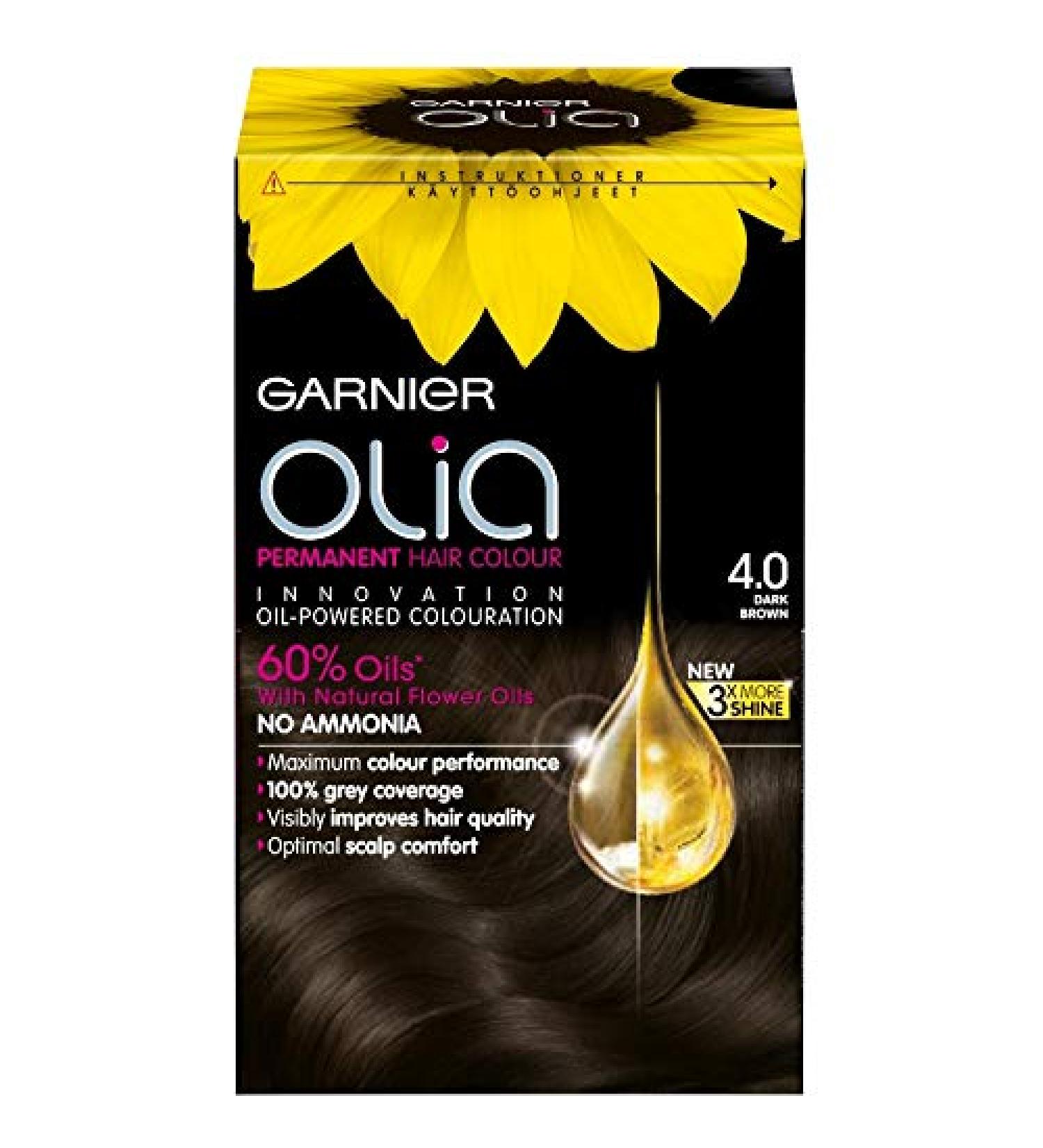 Garnier Garnier Olia Ammonia Free Permanent Dye 3 Pack for Pleasant Fragrance Up to 100% White Hair Coverage Maximum Color Performance 60% Oils - 4.0 Dark Brown