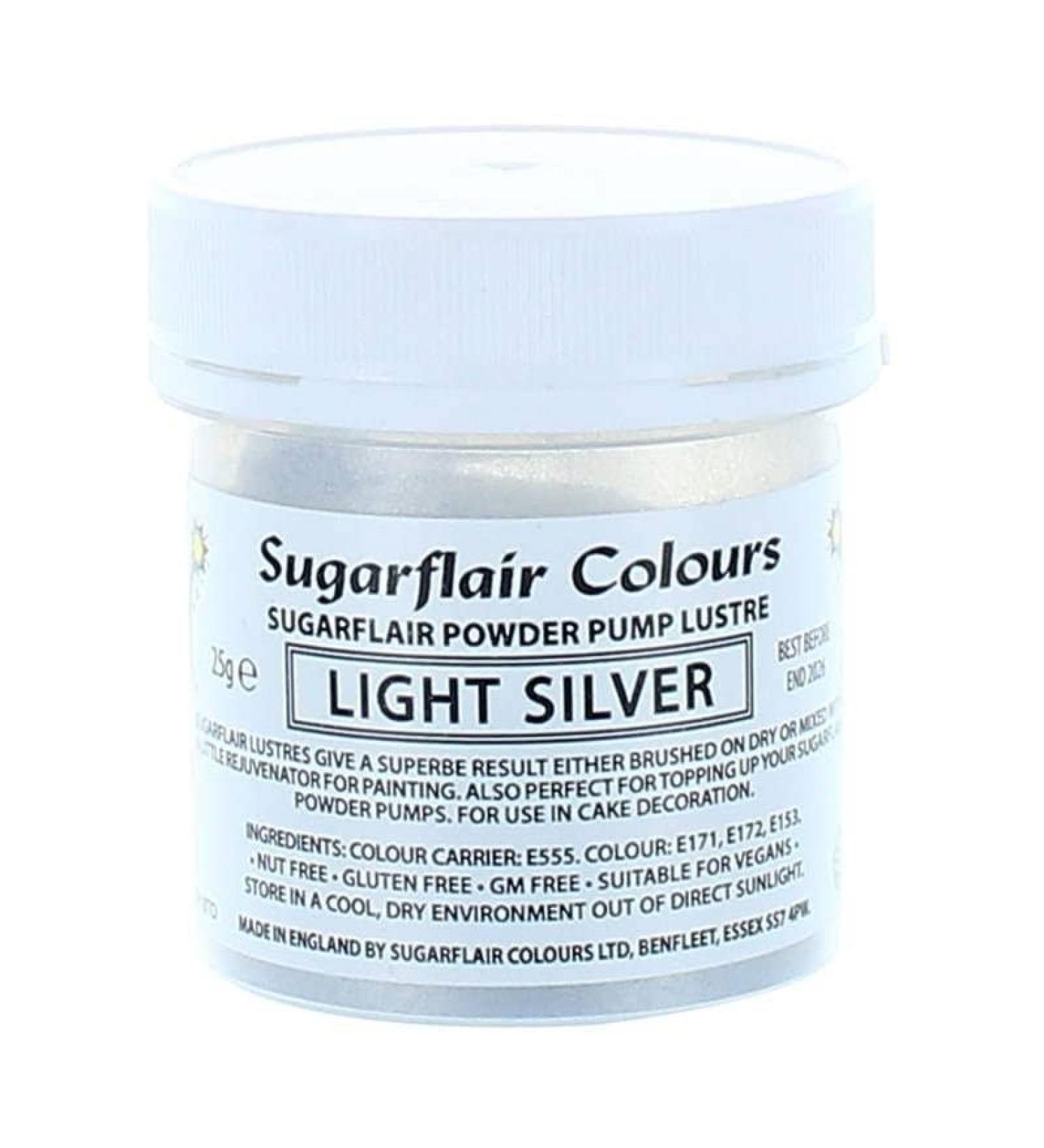 Sugarflair Colours Edible Power Pump Lustre - Light Silver - Food Colouring Powder Edible Colour Dust Brush On Spray or Add Rejuvenator to Create Eye-Catching Paint Effect - 25g