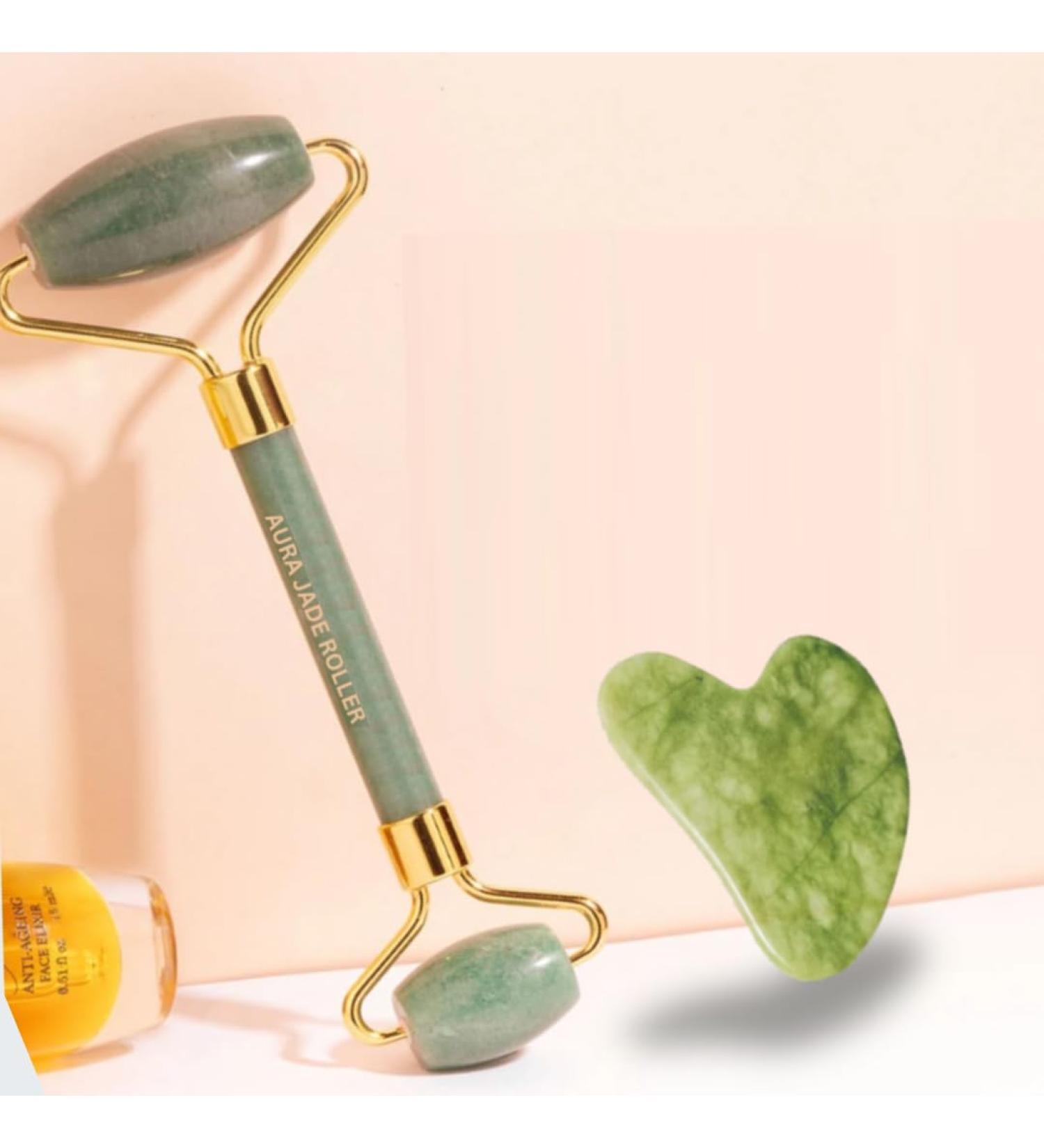 Jade Roller & Gua Sha Set - Reduce Puffiness & Redness | Perfect Self Care Gift for Men & Women | Premium Green Facial Tools International Shipping Available - Buy Online on GoSupps.com