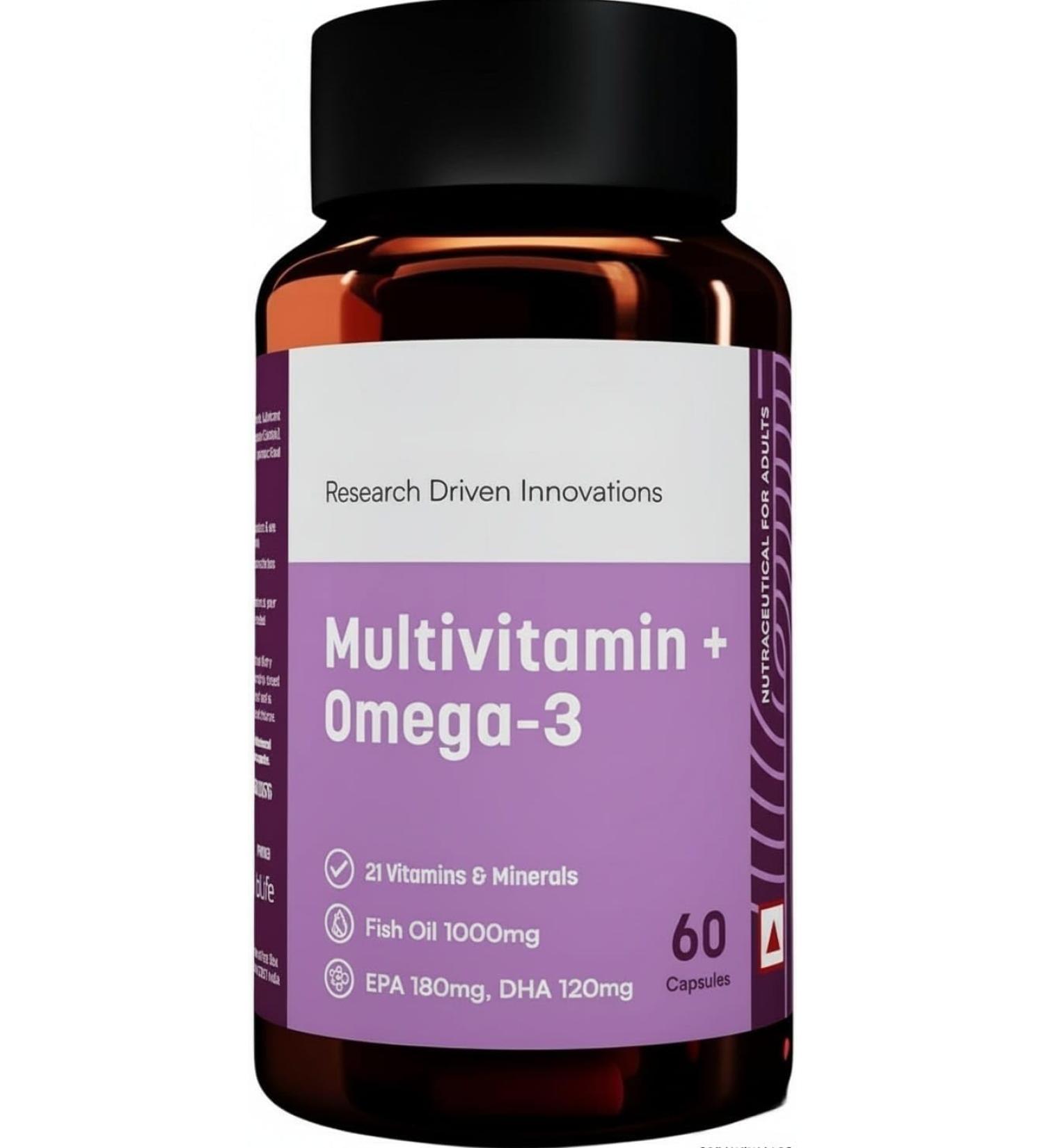 Omega 3 Fish Oil 1000mg Capsules with Multivitamin (60 Capsules) | Fish Oil EPA DHA with Ginseng & 21+ Ingredients for Energy Immunity - Buy Online on GoSupps.com