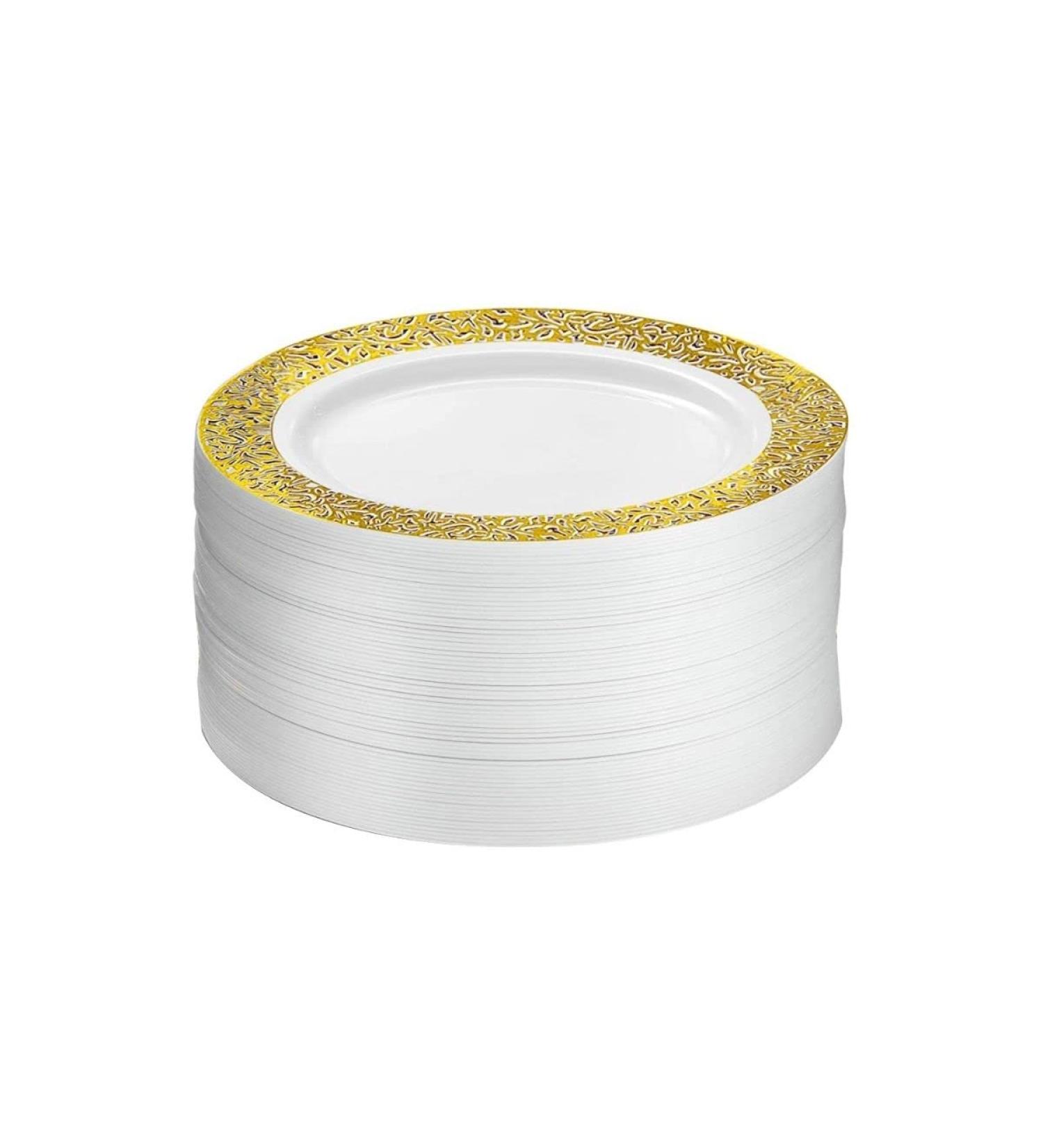 M Honor 60 Piece Gold Lace Rimmed Round Plastic Reusable Plates for Weddings Parties and Dinners | 7.5 Inch Diameter - Buy Online on GoSupps.com