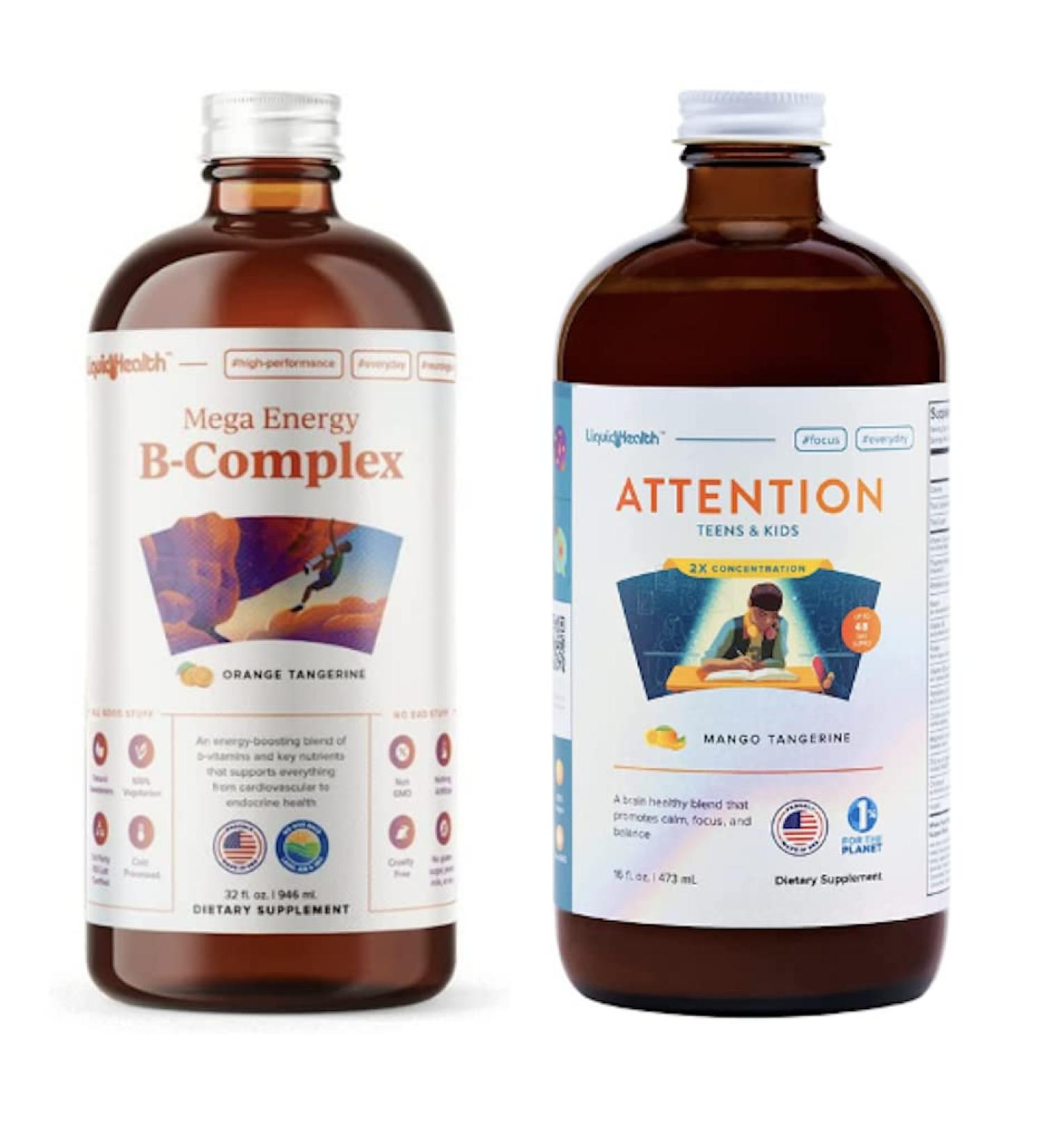 LIQUIDHEALTH Mega Energy B-Complex & Attention Teens & Kids Liquid Vitamin Bundle for Children - Improve Focus & Concentration Boost Mood Increase Natural Energy Levels - Vegan Non-GMO USA Made - Buy Online on GoSupps.com