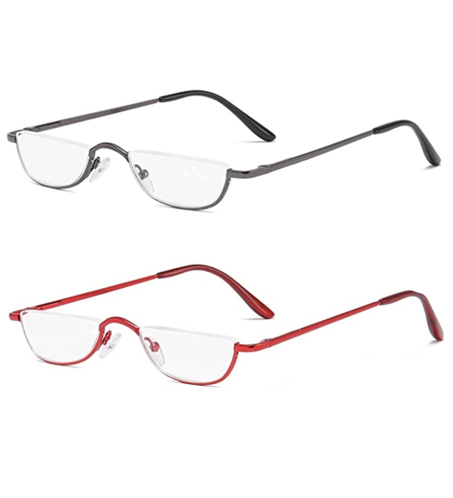 Kodilin 2-Pack Reading Glasses for Men & Women - 1.0 Diopter Metal Half Moon Frame with Spring Hinges - Gray & Red/Black & Red - Stylish Reading Aid - Buy Online on GoSupps.com