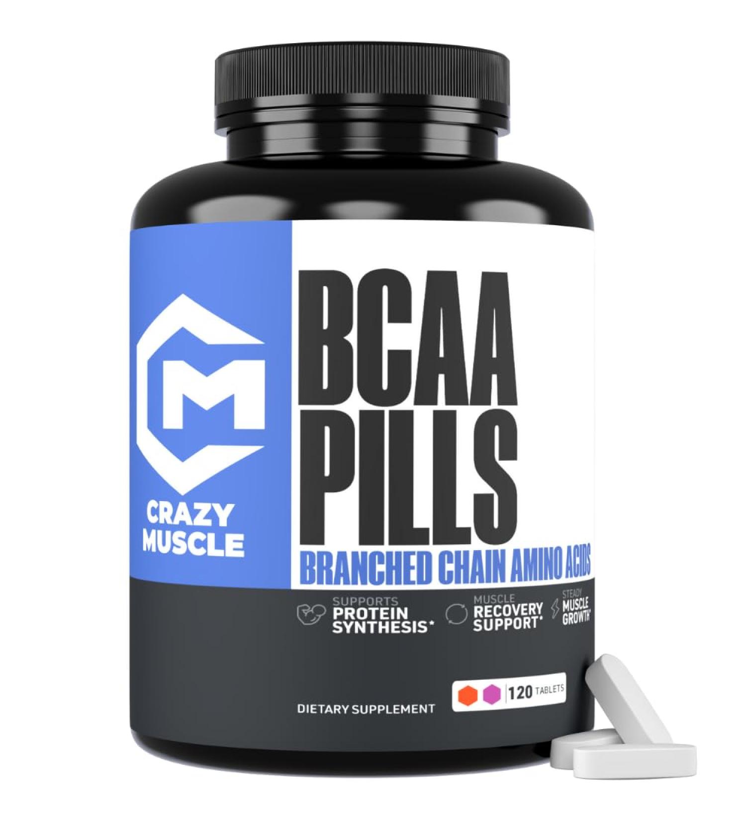 Crazy Muscle BCAA Pills with The Perfect 2:1:1 Ratio of Branched Chain Amino Acids Supplement 1000mg of BCAAs per Pill (Better Than Capsules) 120 Tablets - Buy Online on GoSupps.com