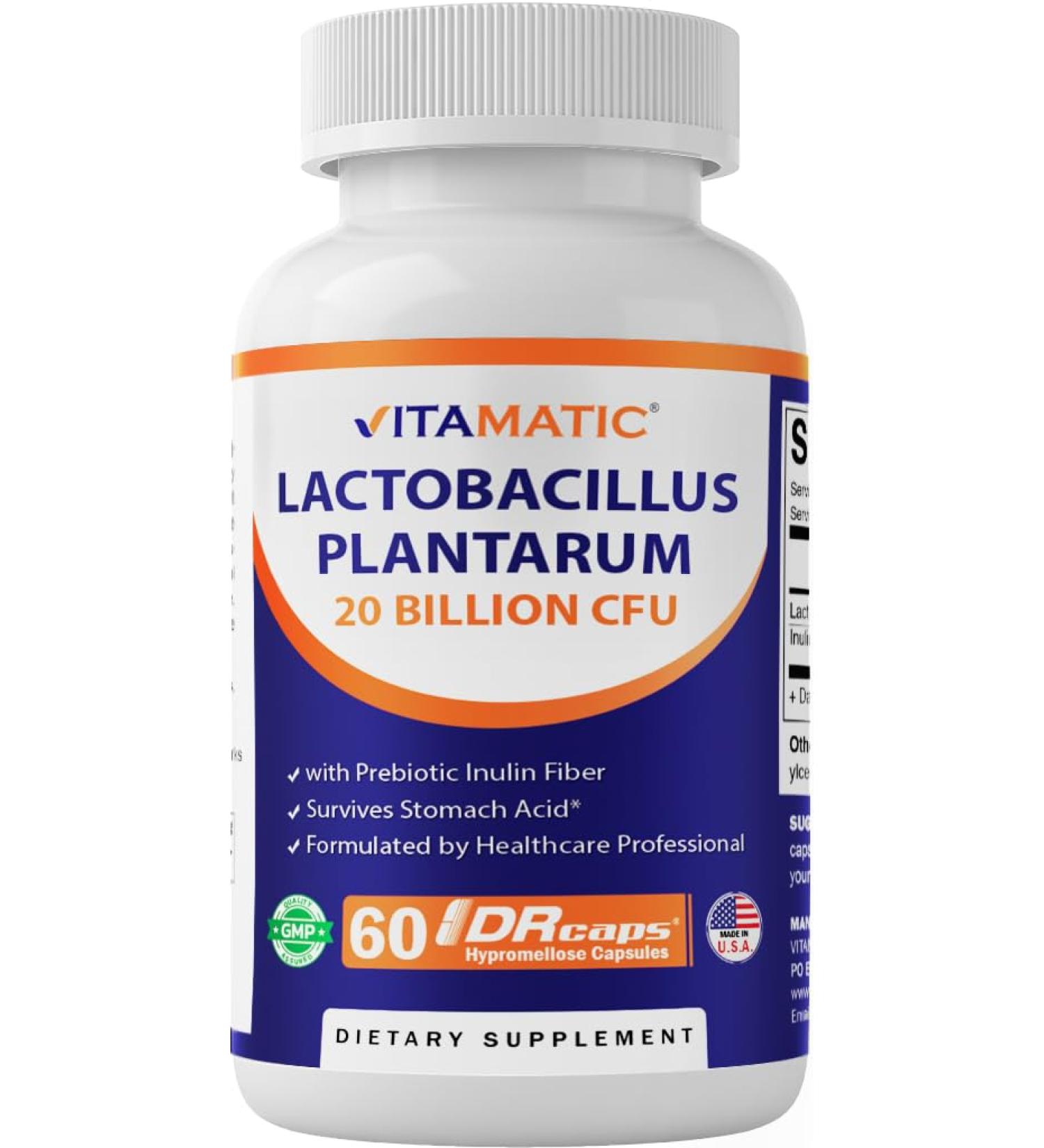Vitamatic Lactobacillus Plantarum - 20 Billion per DR Capsule - 60 Count - Digestive Support - Made with Prebiotic Inulin Fiber 60 Count (Pack of 1) - Buy Online on GoSupps.com