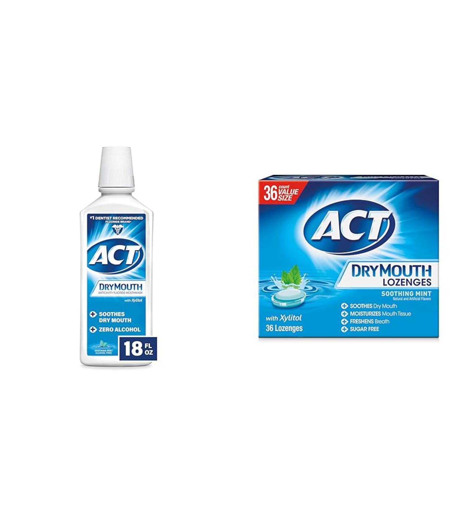 ACT Dry Mouth Anticavity Mouthwash 18 oz & 36 Lozenges Bundle Soothing Mint - Buy Online on GoSupps.com