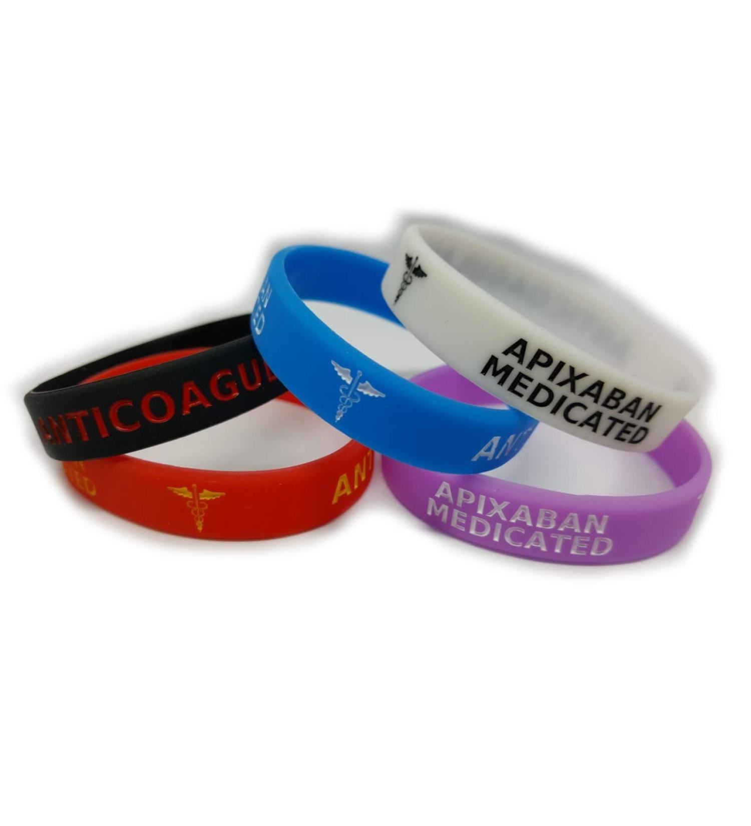 5X APIXABAN Medicated Wristband Medical Awareness Alert Bracelet Glow in The Dark Red Black Purple Blue Anticoagulant (Adult 202mm/8inch Circumference)