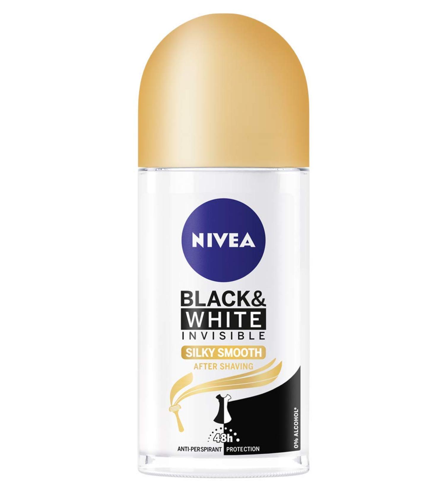 NIVEA Black & White Silky Roll-On Antiperspirant Deodorant 50 ml, 48 hours Anti-stain deodorant for women with aftershave