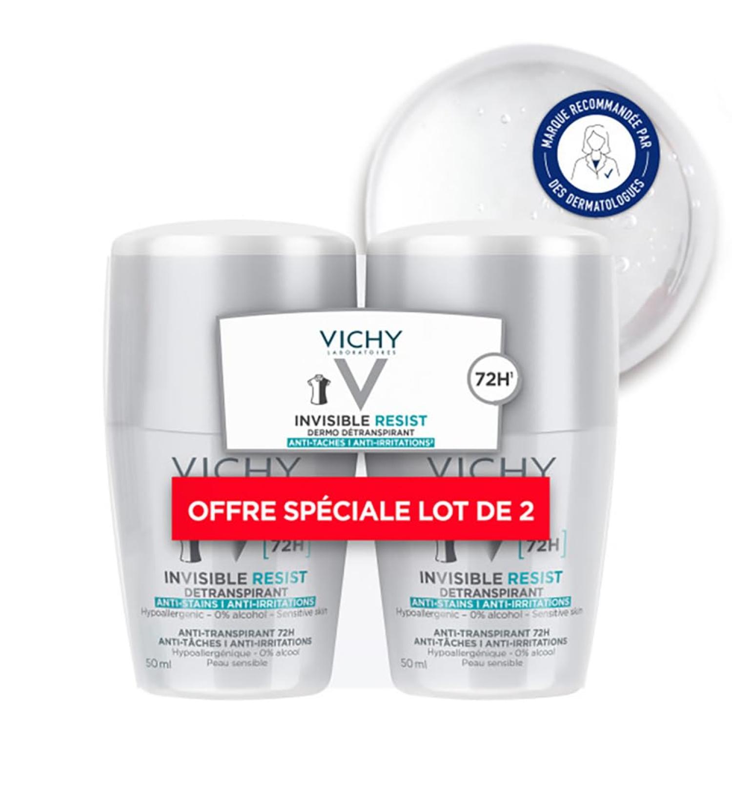 Vichy, Invisible Resist, Roll-On Deodorant, Antiperspirant with Long-Lasting Effectiveness 72 H, Anti-Yellow and White Spots, Suitable for Sensitive Skin, Pack of 2x50 ml