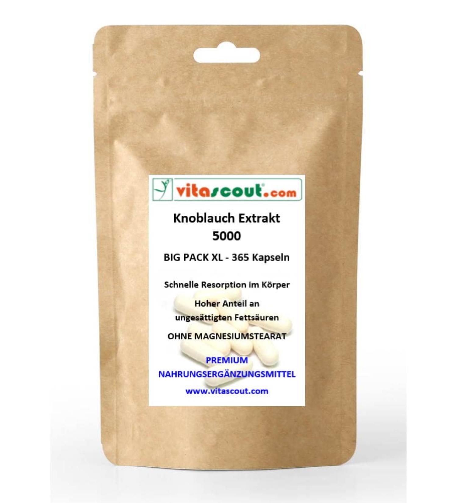 VITASCOUT Garlic 365 Capsules - Premium 5000mg High Dose (Extract 50mg 100:1) - No Magnesium Stearate - International Shipping Available - Buy Online on GoSupps.com