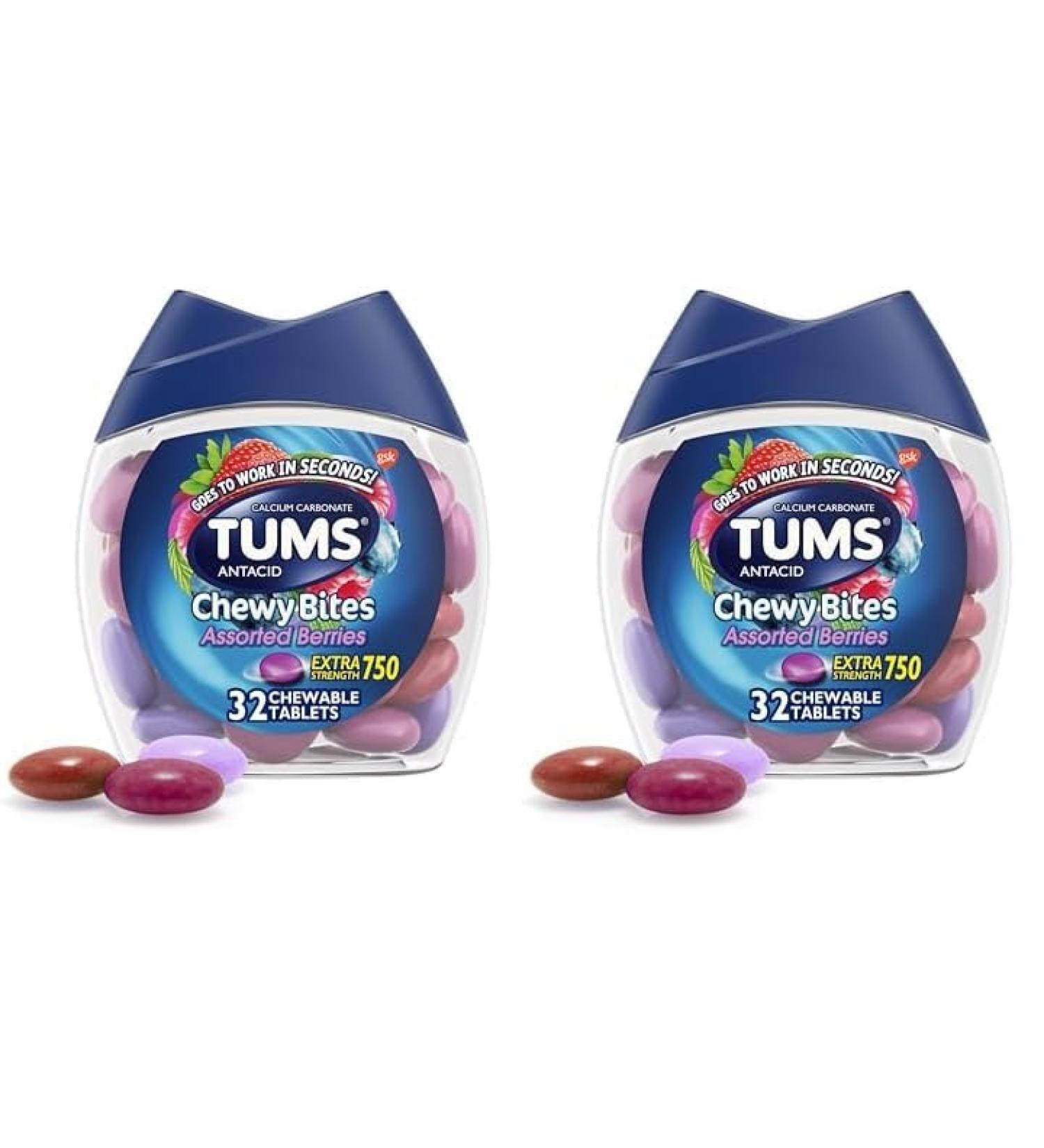 TUMS Chewy Bites Antacid Tablets for Chewable Heartburn & Acid Indigestion Relief Assorted Berries 32 Count (Pack of 2) - Buy Online on GoSupps.com