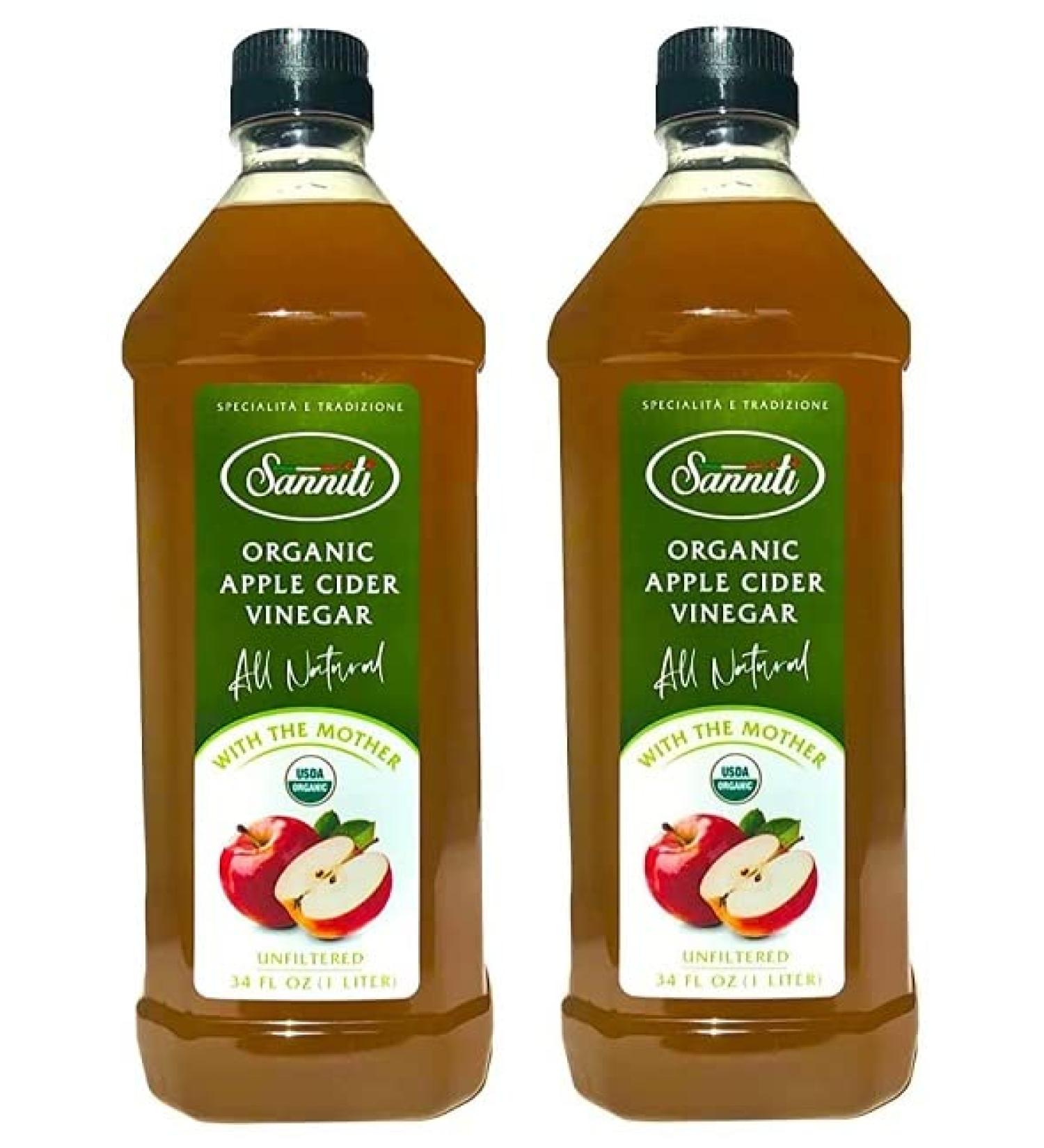 Sanniti Organic Apple Cider Vinegar Unfiltered All Natural with the Mother, 34 Fl Oz 1 Liter (Pack of 2)