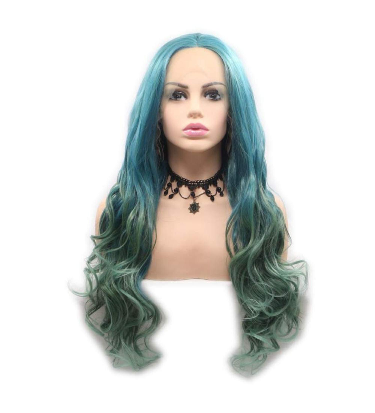 SHIYID Heat Resistant Body Wave Two Tones Synthetic Lace Front Wig - Green & Blue for Women | Middle Parting - Buy Online on GoSupps.com