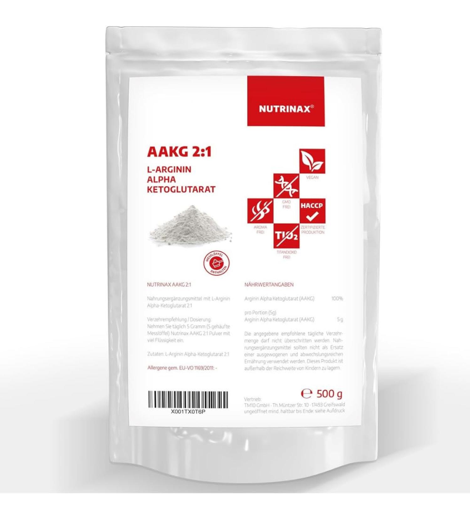 Buy Nutrinax AAKG 500G Powder | Vegan L-Arginine Alpha-Ketoglutarate 2:1 | No Fillers/Additives | 100 Portions | Premium Quality Amino Acid - Buy Online on GoSupps.com