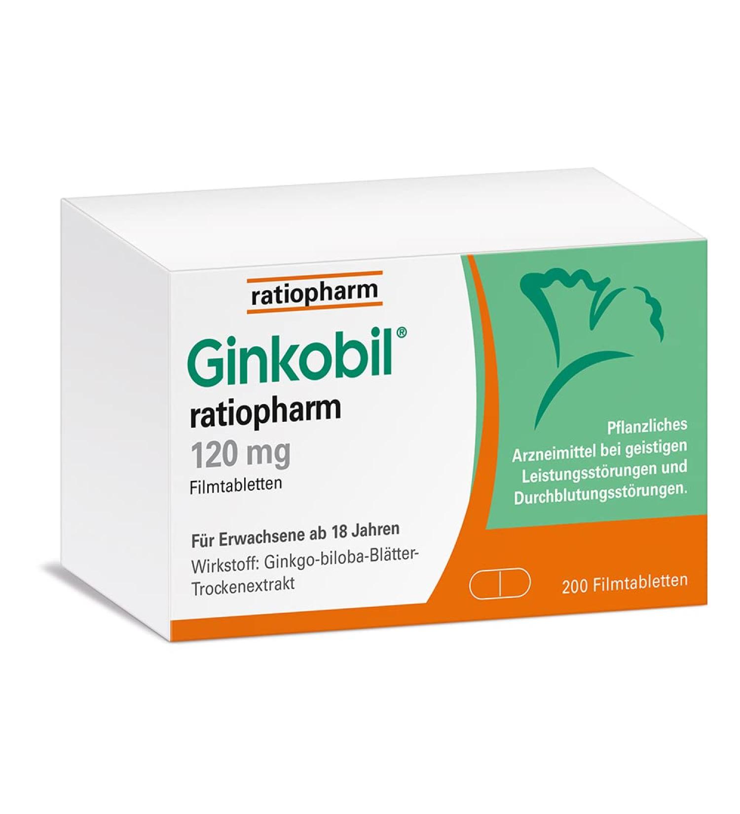 Ginkobil Ratiopharm 120 mg - Boost Memory & Concentration | Ginkgo Biloba Extract 200 Film-Coated Tablets - Buy Online on GoSupps.com