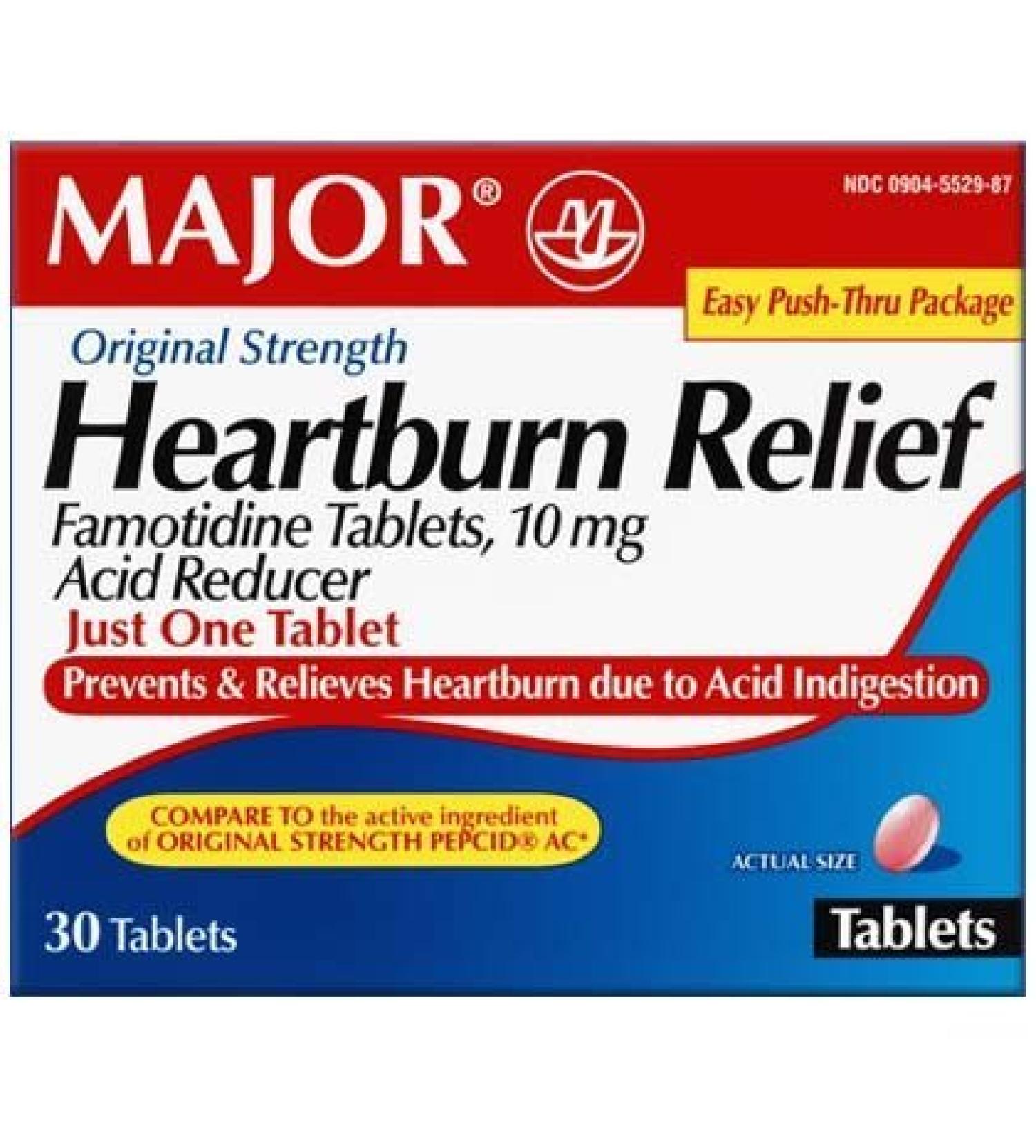 MAJOR HEARTBURN RELIEF TABS FAMOTIDINE-10 MG Pink 30 TABLETS UPC 309045529874