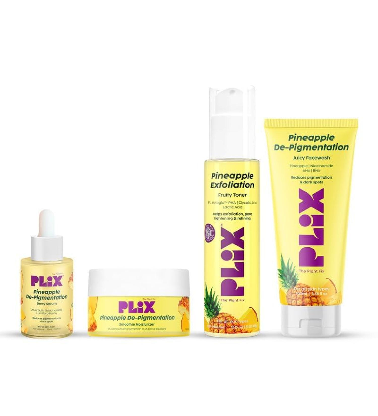 THE PLANT FIX | Pineapple De-Pigmentation Regime with Pineapple Exfoliation Fruity Toner Pineapple Juicy Cleanser Pineapple Depigmentation Dewy Serum & Smoothie Moisturizer - Buy Online on GoSupps.com