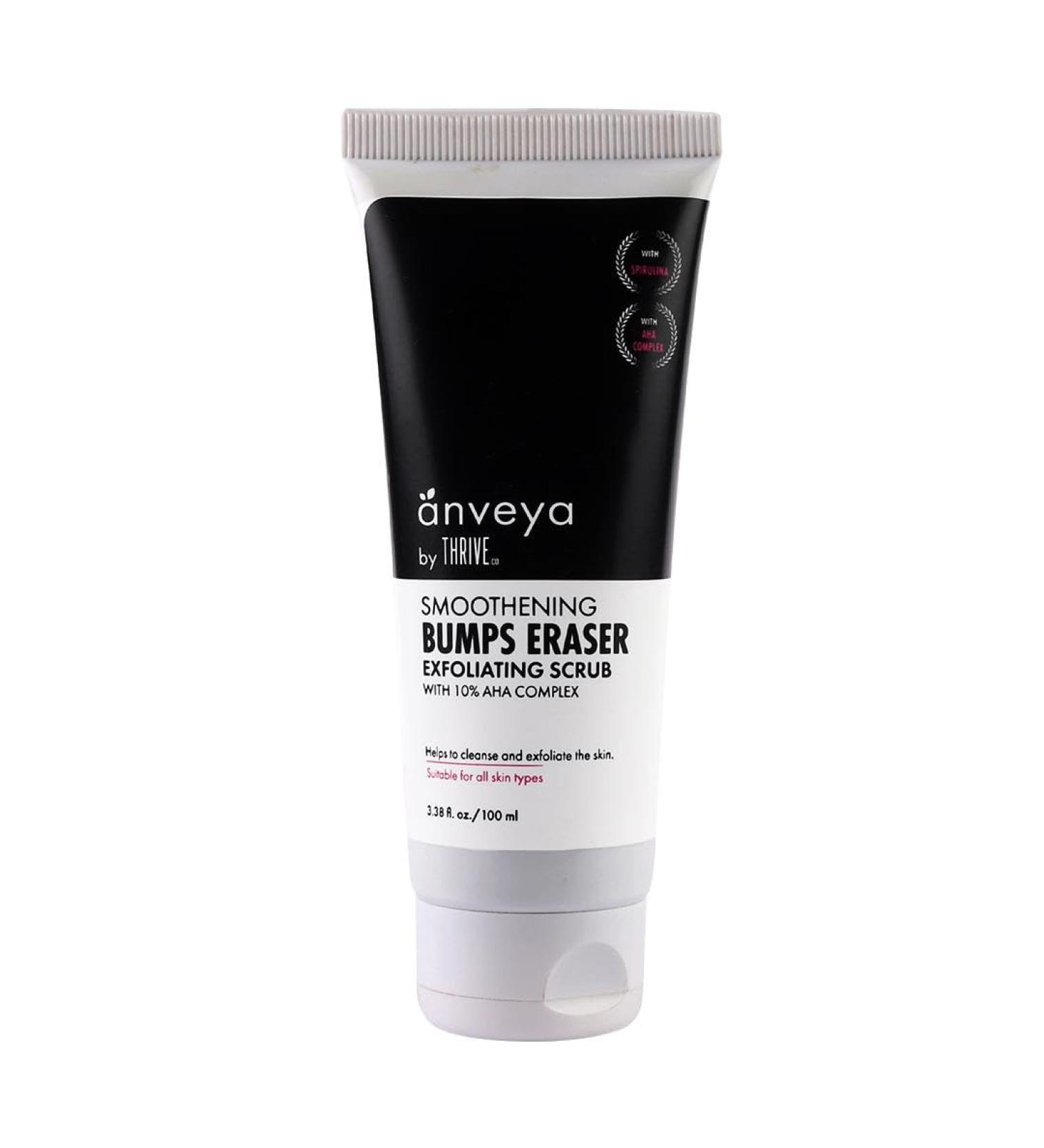Anveya Smoothening Bumps Exfoliating Body Scrub For Bumpy & Dry Skin Strawberry Legs Keratosis Pilaris & Ingrown Hair | Glycolic Acid Lactic Acid & Spirulina | For Men & Women | 100ml - Buy Online on GoSupps.com